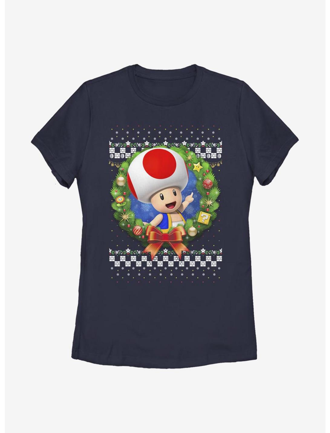 Nintendo Super Mario Wreath Toad 3D Womens T-Shirt, NAVY, hi-res