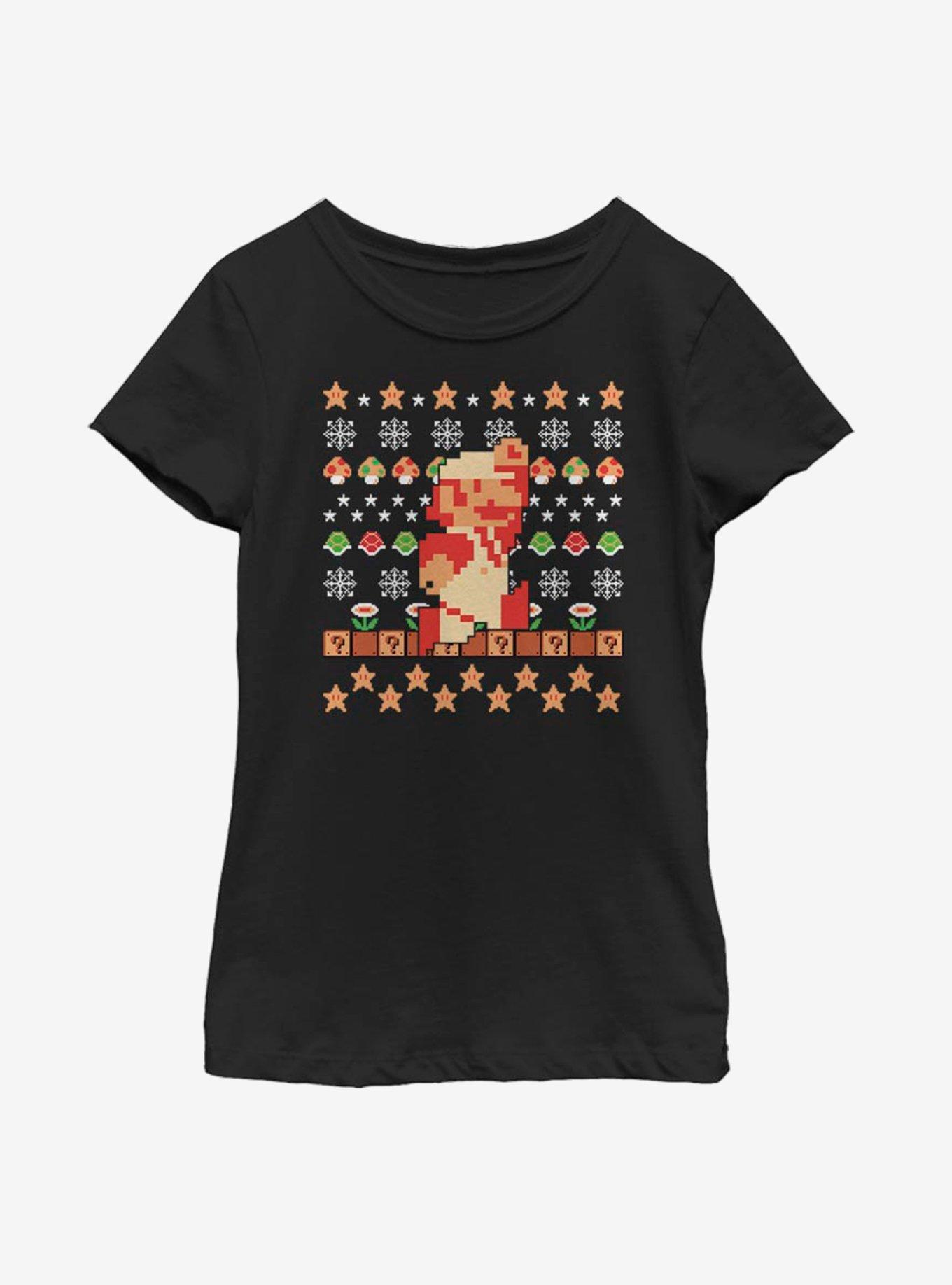 Nintendo Super Mario Retro Jump Christmas Pattern Youth Girls T-Shirt, BLACK, hi-res