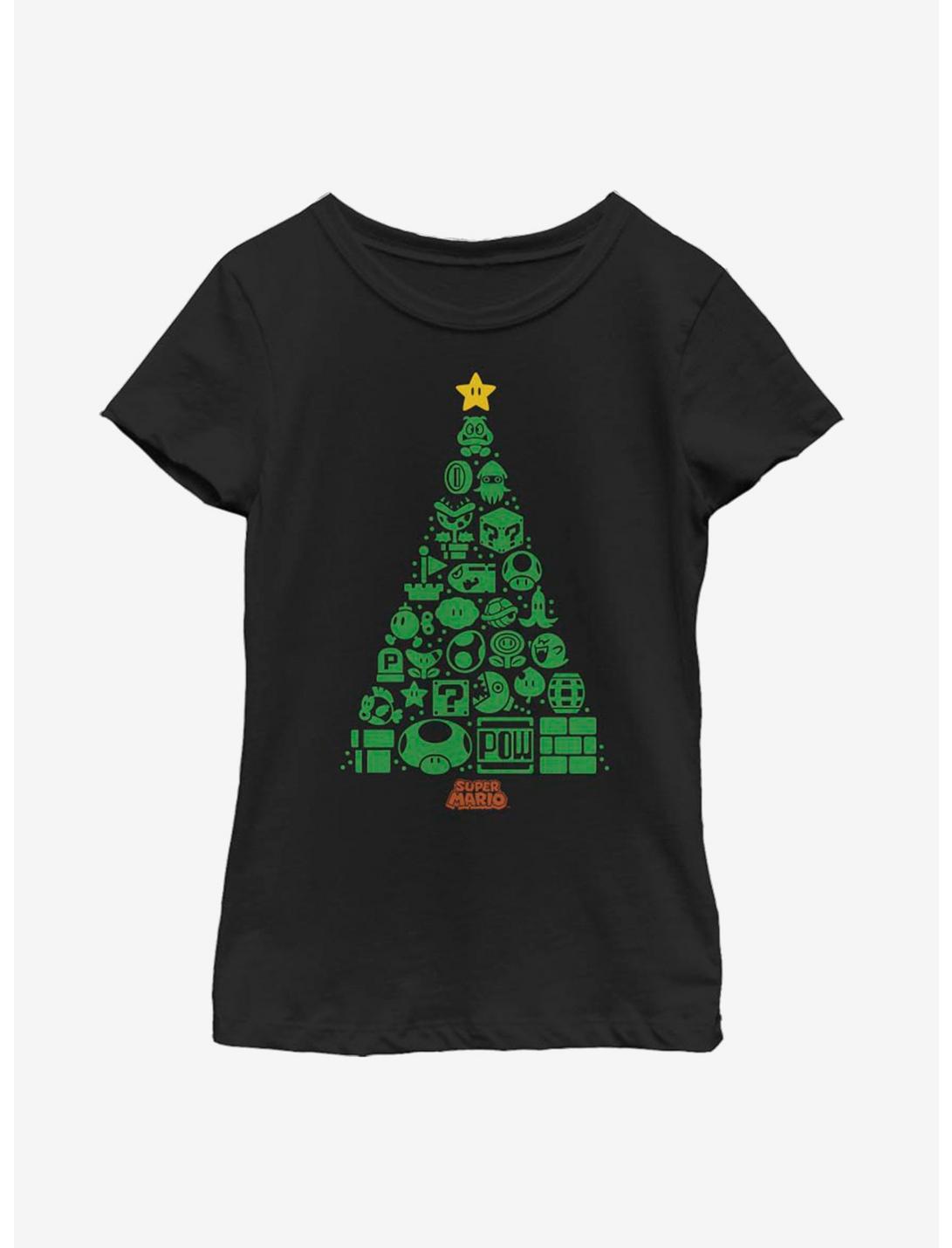 Nintendo Super Mario Christmas Tree Icons Youth Girls T-Shirt, BLACK, hi-res