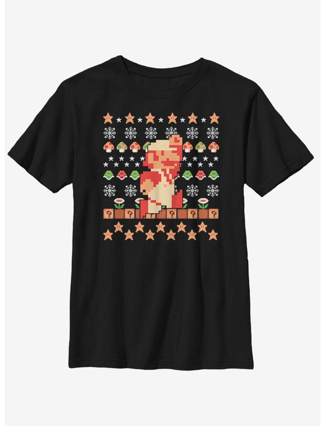 Nintendo Super Mario Retro Jump Christmas Pattern Youth T-Shirt, BLACK, hi-res