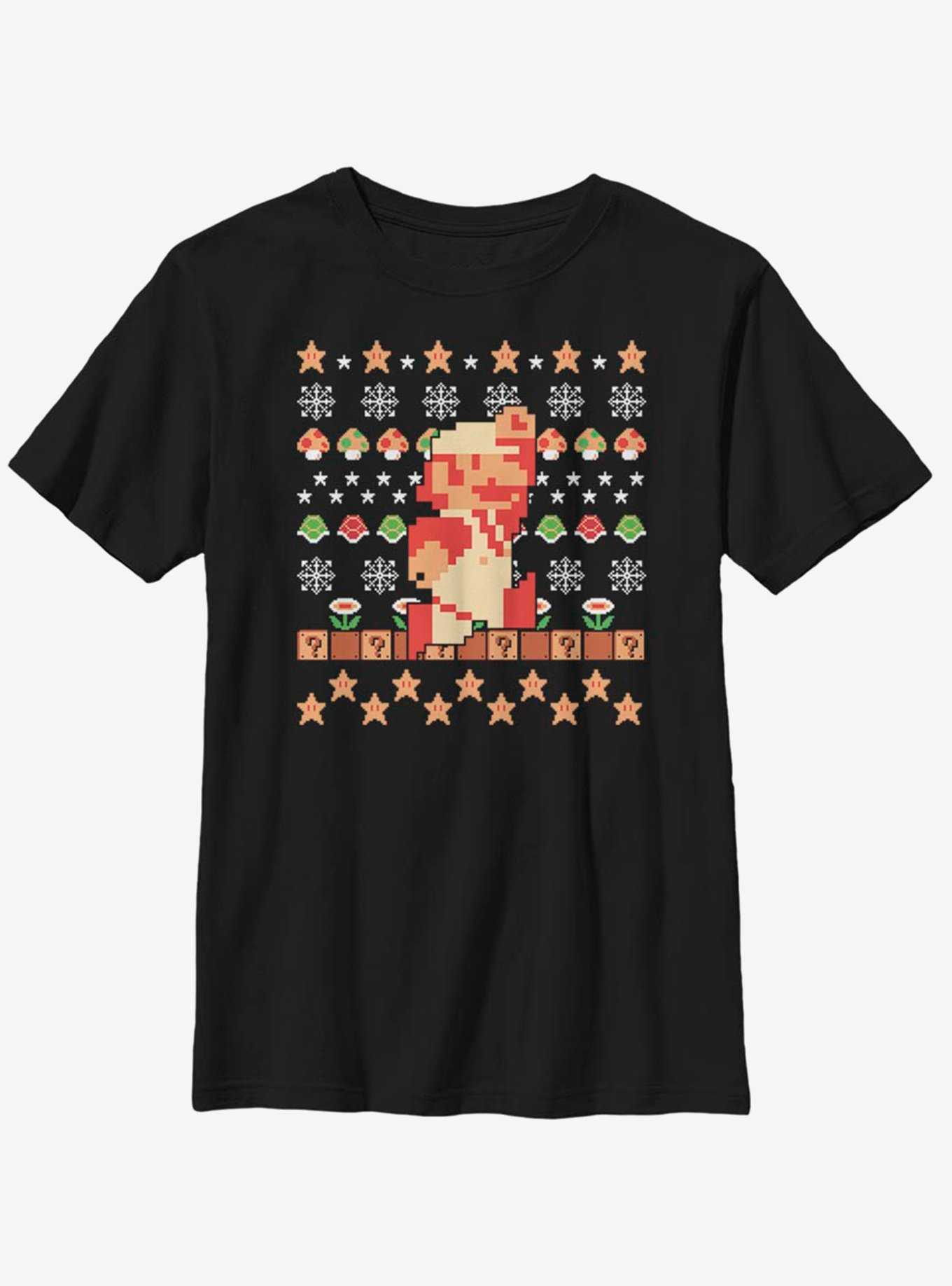 Nintendo Super Mario Retro Jump Christmas Pattern Youth T-Shirt, , hi-res