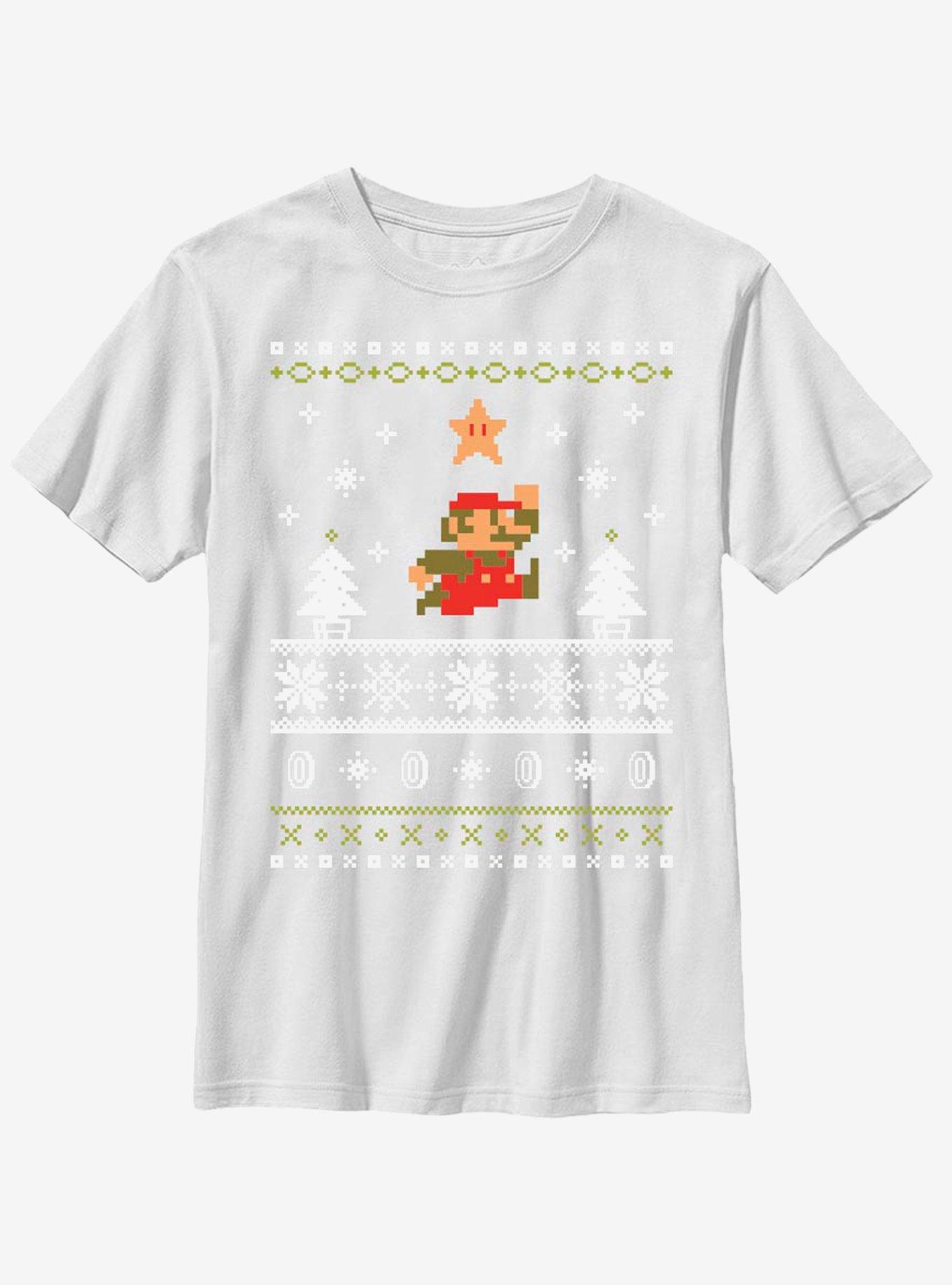Nintendo Super Mario Jump Christmas Pattern Youth T-Shirt, RED, hi-res
