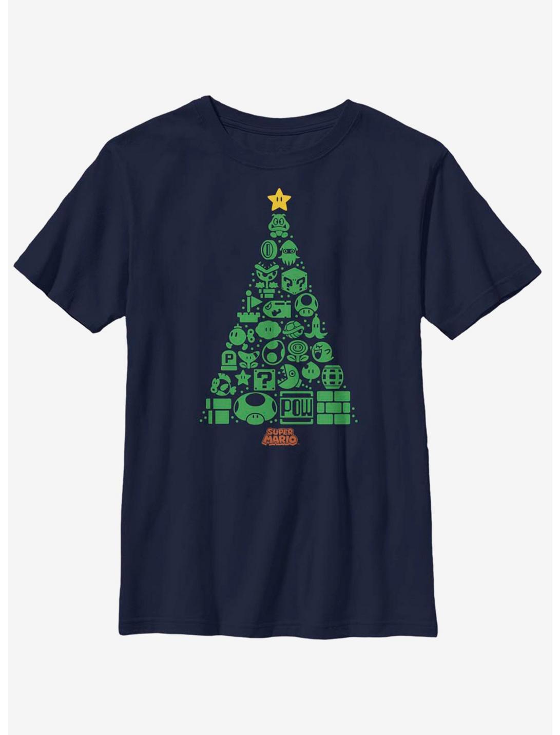 Nintendo Super Mario Christmas Tree Icons Youth T-Shirt, NAVY, hi-res