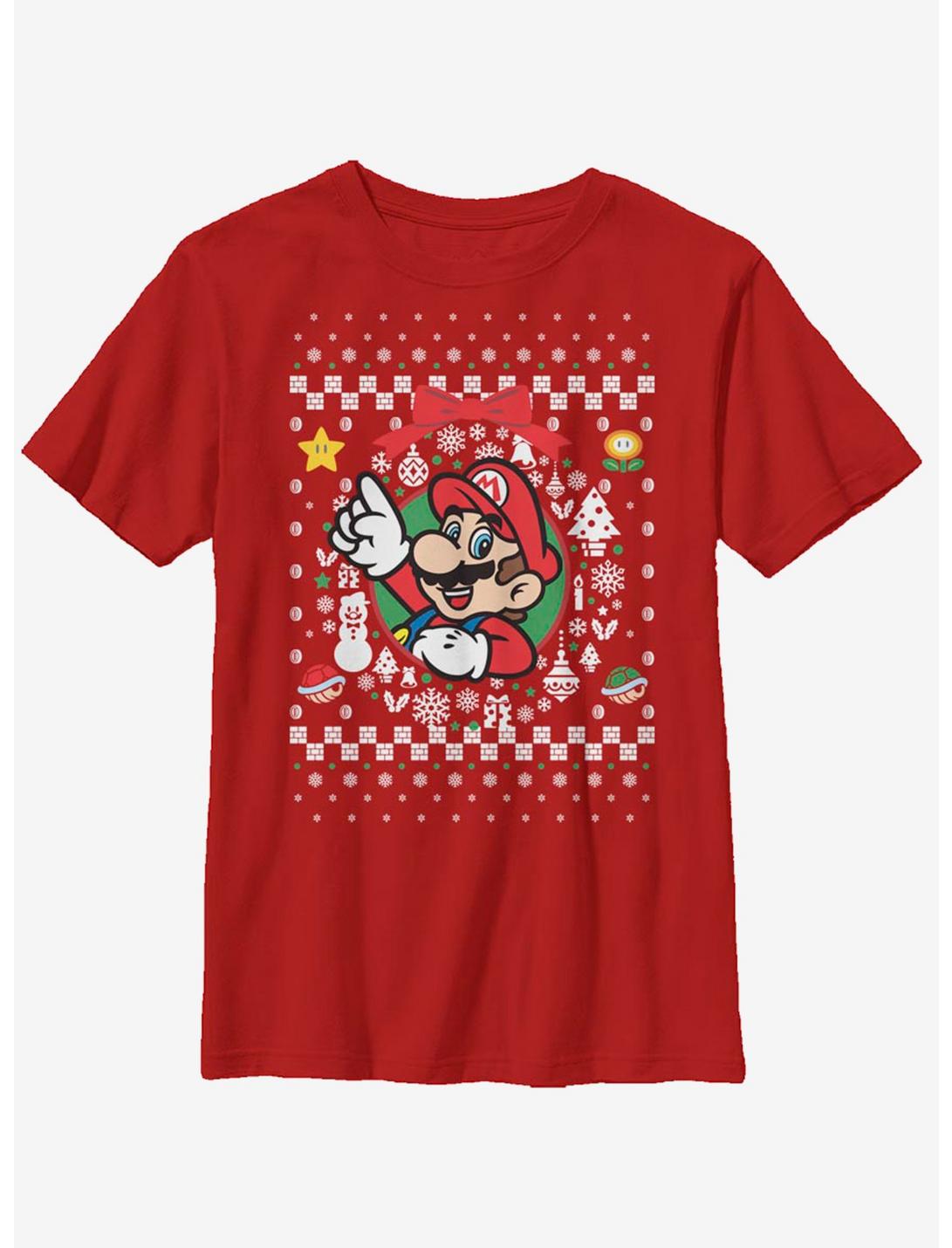 Nintendo Super Mario Wreath Mario Christmas Pattern Youth T-Shirt, RED, hi-res