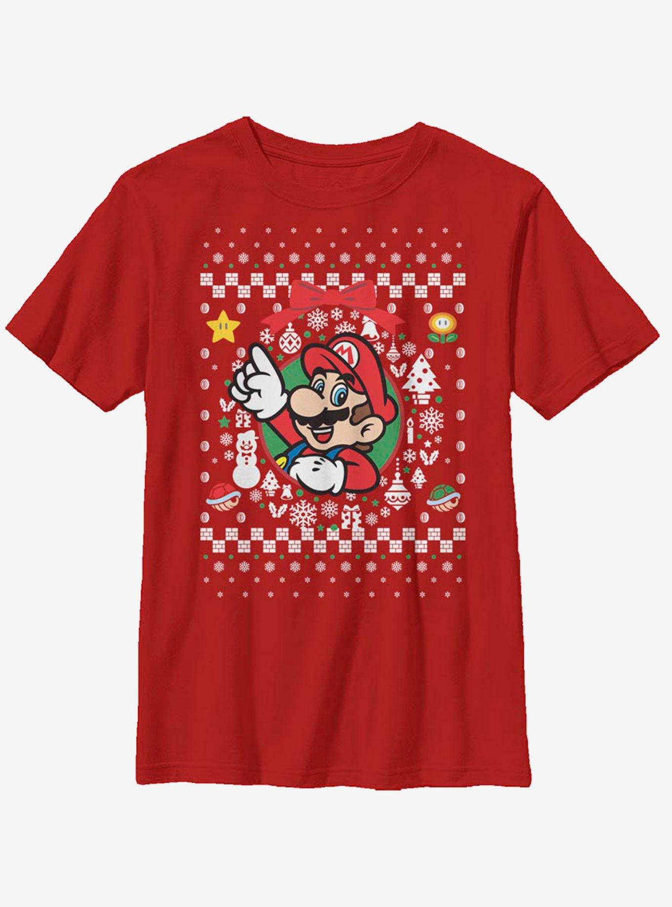 Nintendo Super Mario Wreath Mario Christmas Pattern Youth T-Shirt, , hi-res