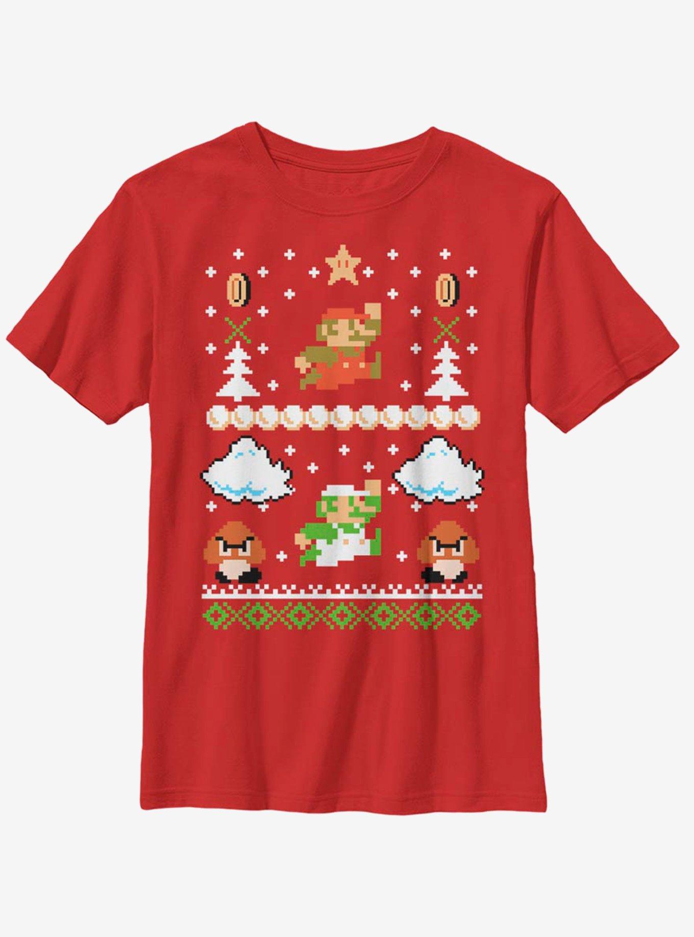 Nintendo Super Mario Retro Adventure Christmas Pattern Youth T-Shirt, , hi-res