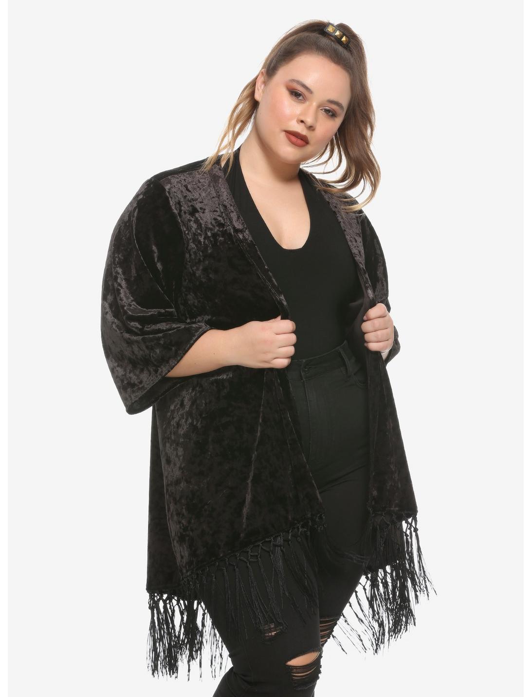 Black Velvet Geometric Kimono Plus Size, WHITE, hi-res