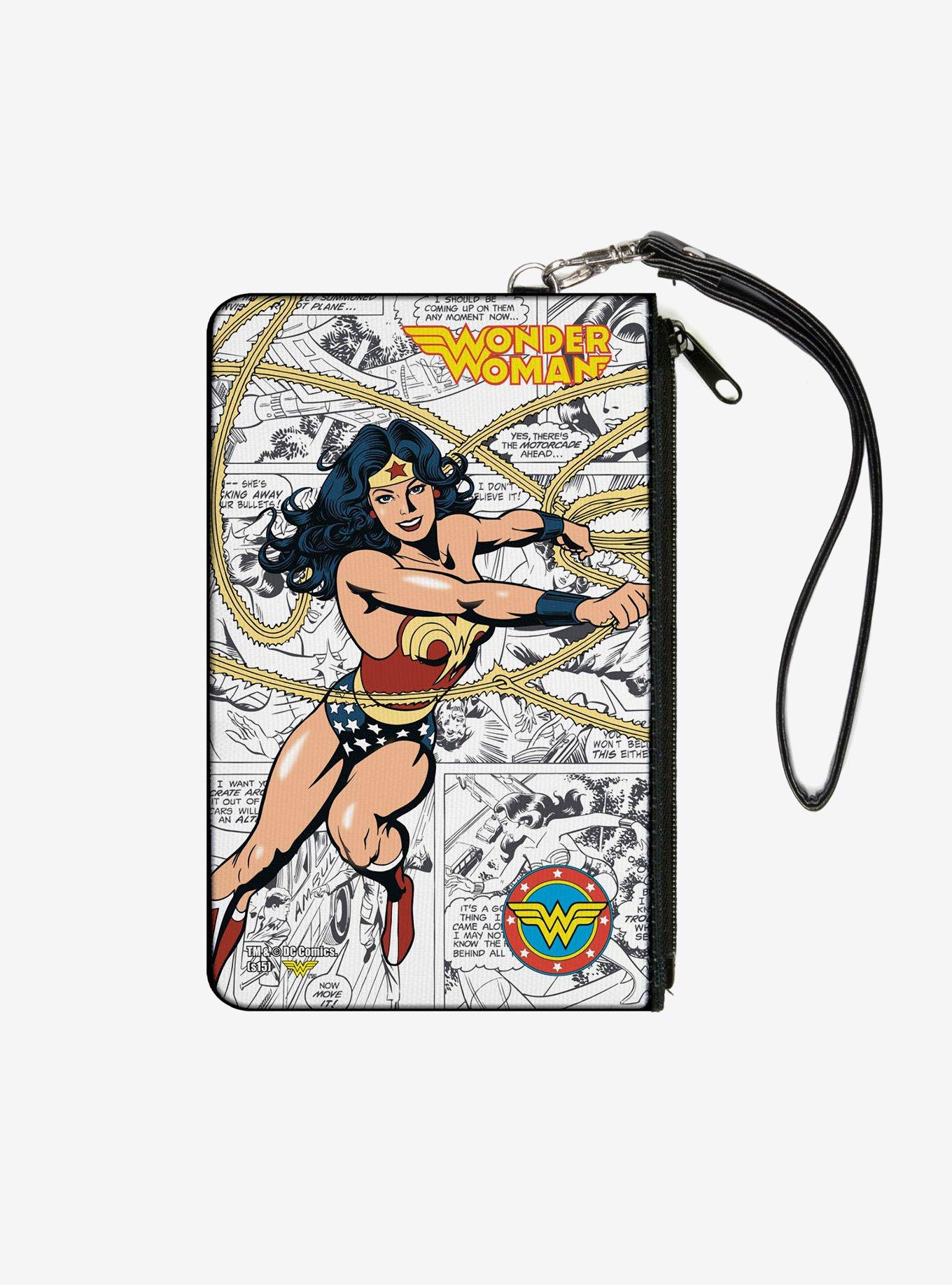 DC Comics Wonder Woman Lasso Action Pose Logo Comic Scenes Wallet Canvas Zip Clutch, , hi-res
