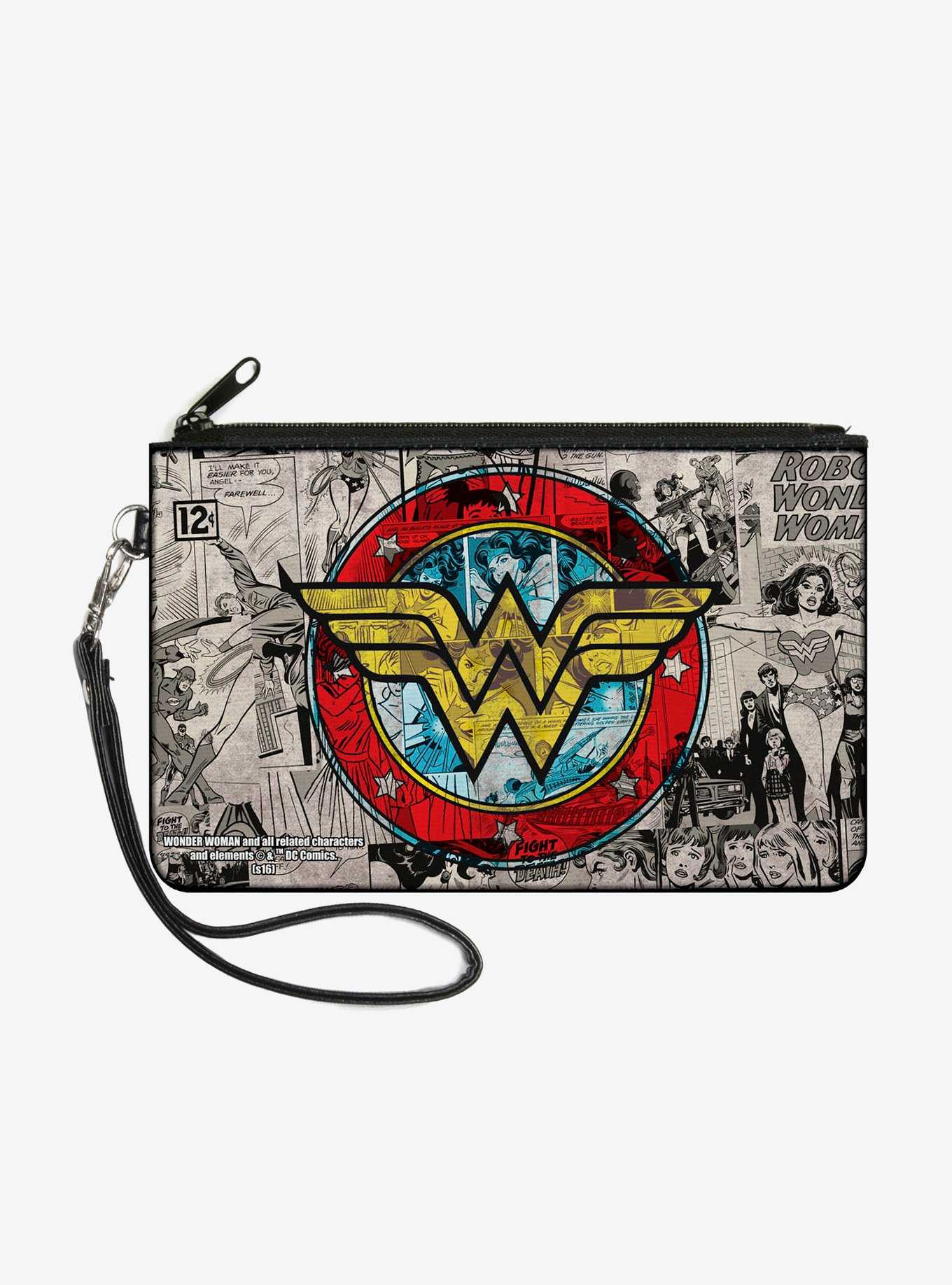 DC Comics Wonder Woman Logo Comic Scenes Wallet Canvas Zip Clutch, , hi-res