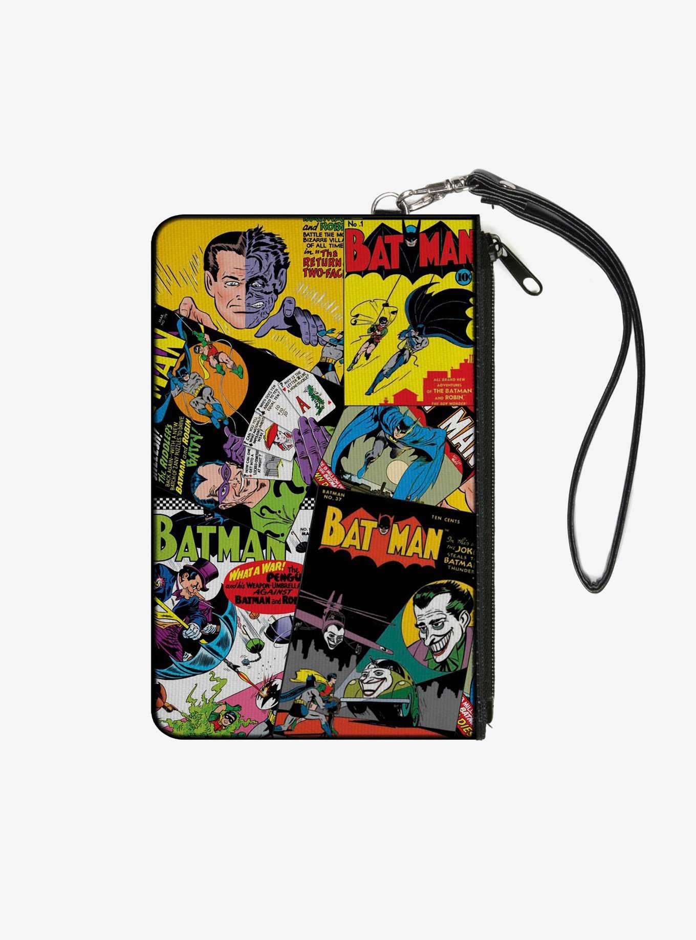 DC Comics Retro Batman 6 Comic Book Covers Stacked Wallet Canvas Zip Clutch, , hi-res