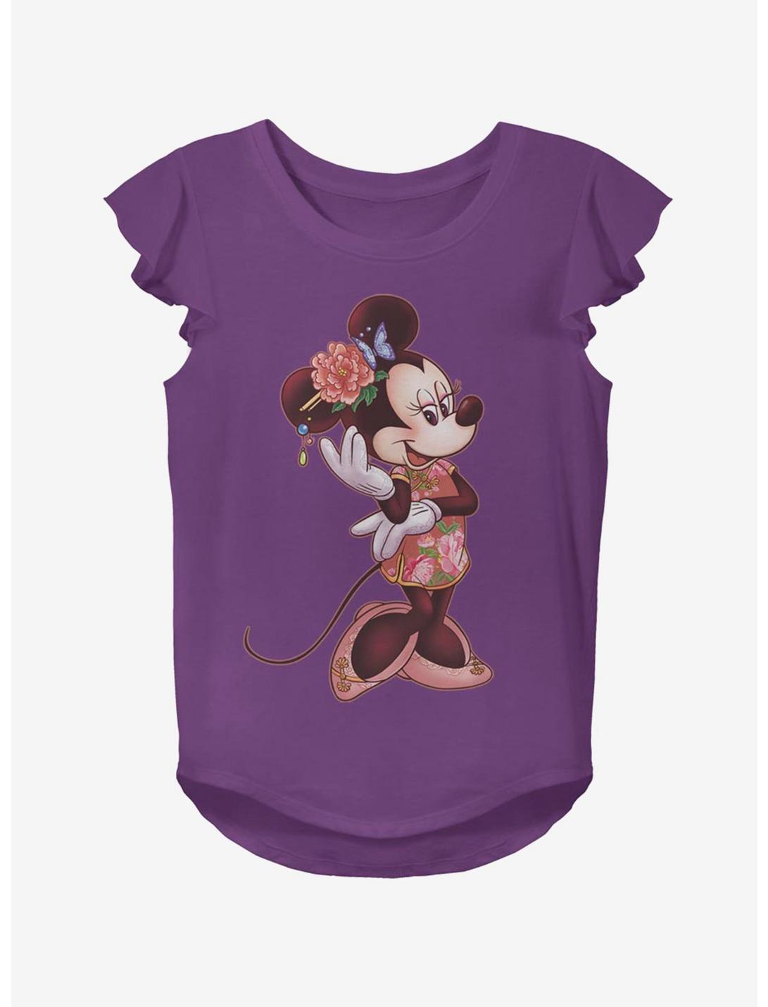 Disney Minnie Mouse Minnie Floral Fill Youth Girls Flutter Sleeve T-Shirt, PURPLE, hi-res