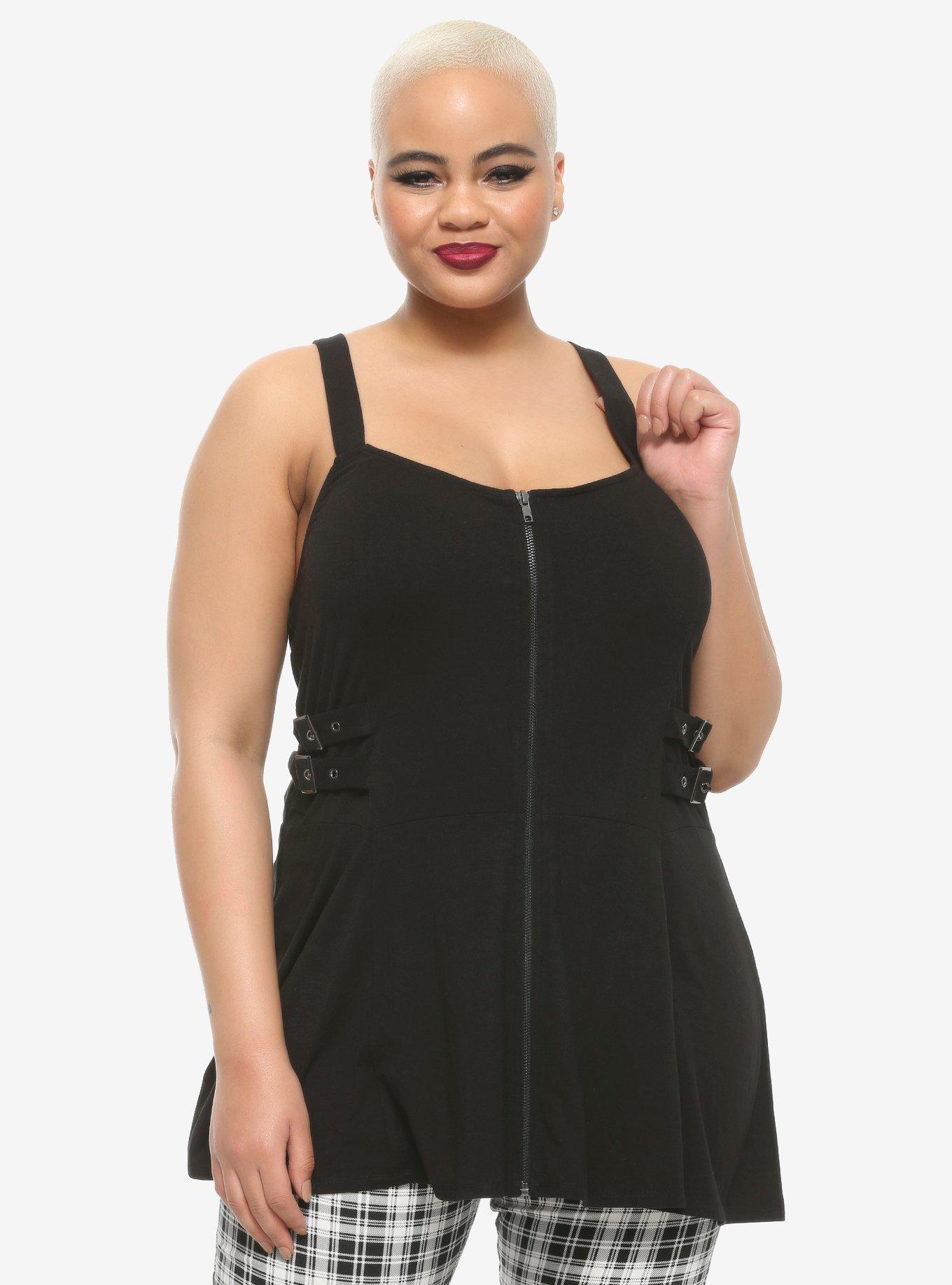 Zip Front Buckle Girls Peplum Tank Top Plus Size, BLACK, hi-res