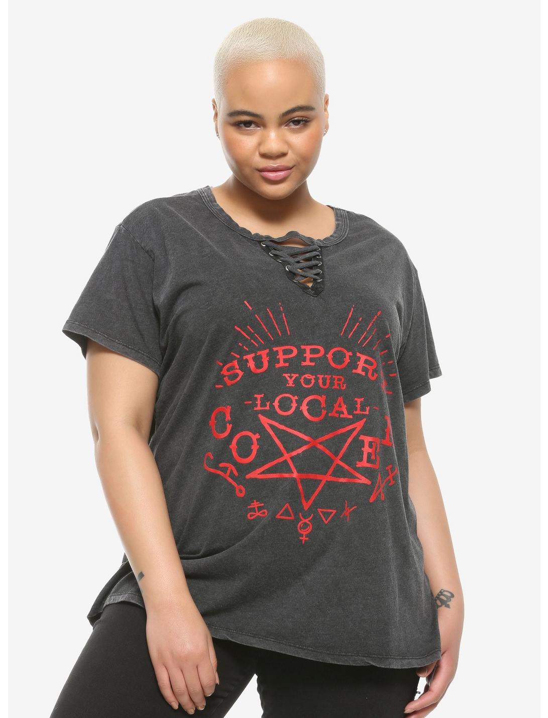 Support Your Local Coven Lace-Up Girls T-Shirt Plus Size, RED, hi-res