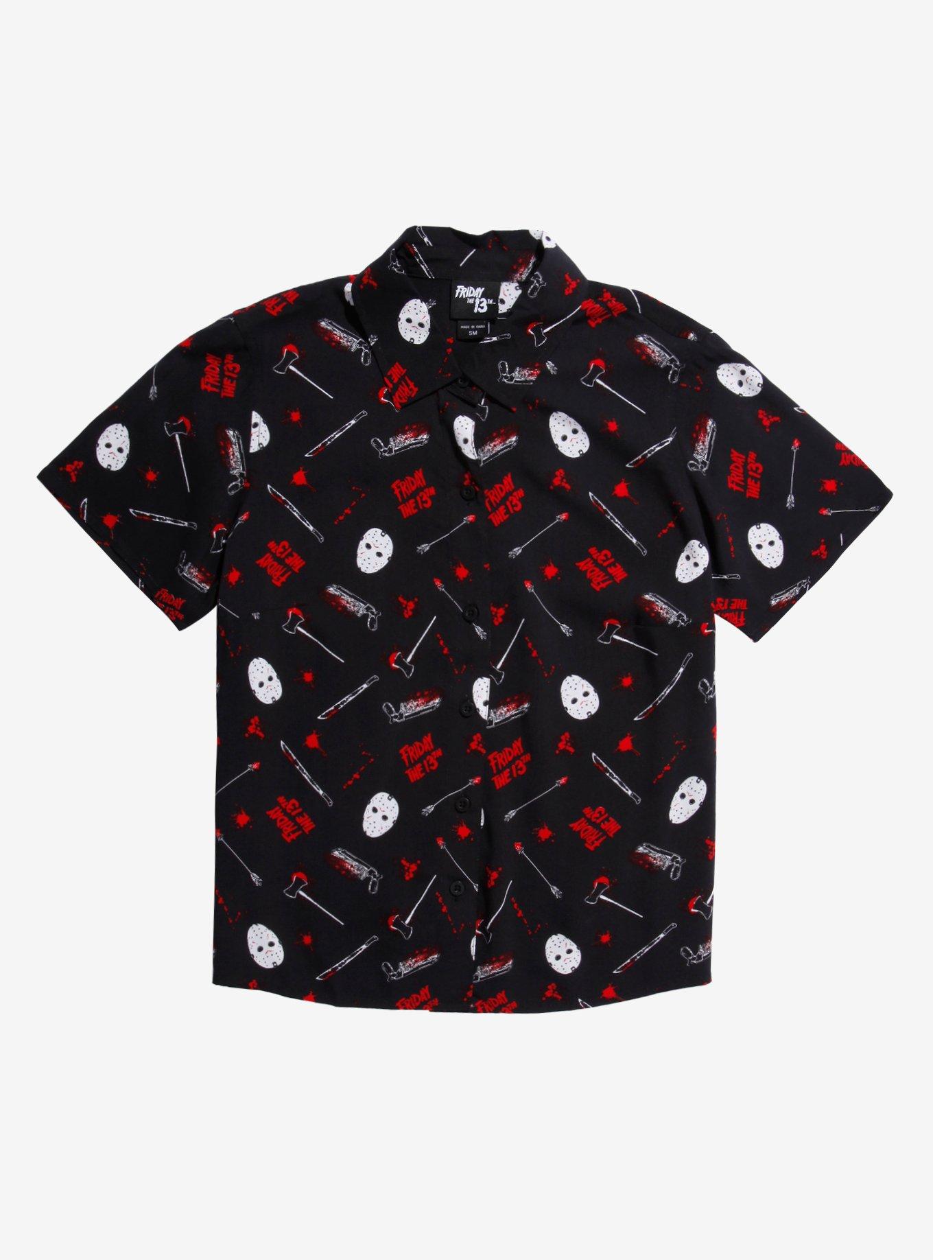 Friday The 13th Jason Mask & Weapons Girls Woven Button-Up | Hot Topic