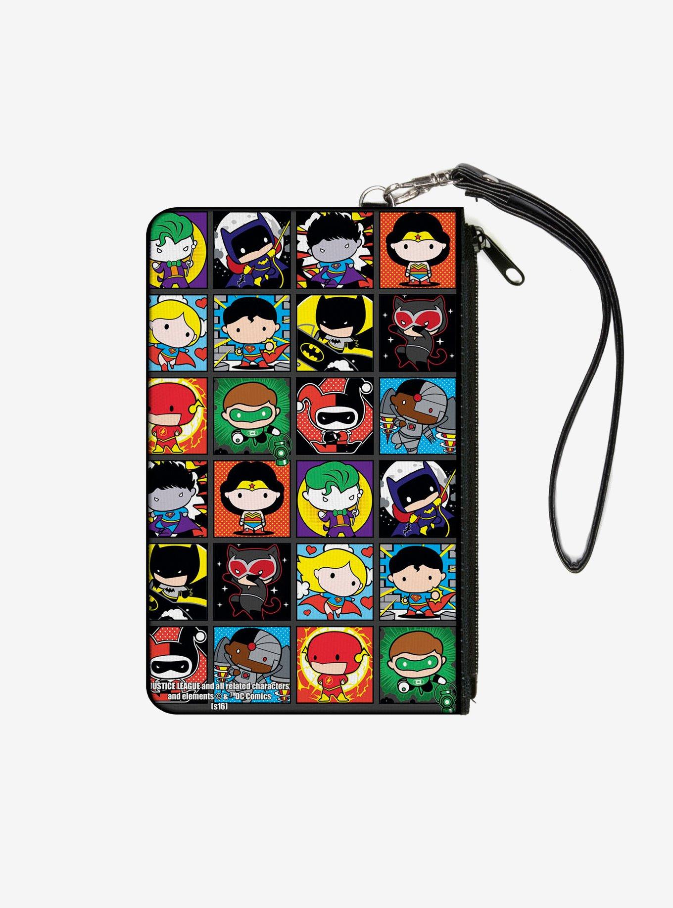 DC Comics Justice League Comics 12 Chibi Character Pose Blocks Wallet Canvas Zip Clutch, , hi-res