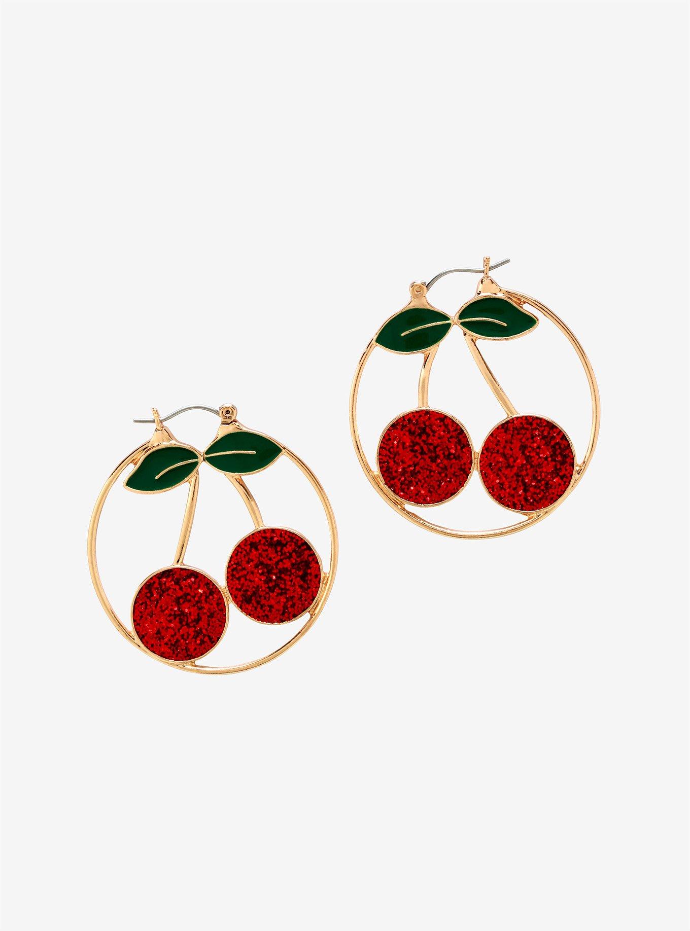 Glitter Cherry Hoop Earrings Hot Topic
