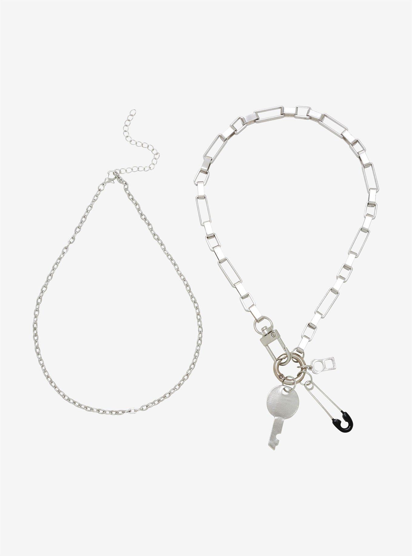 Safety Pin Key Charm Necklace Set, , hi-res