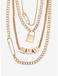 Gold Dice Safety Pin Padlock Chain Necklace Set, , hi-res