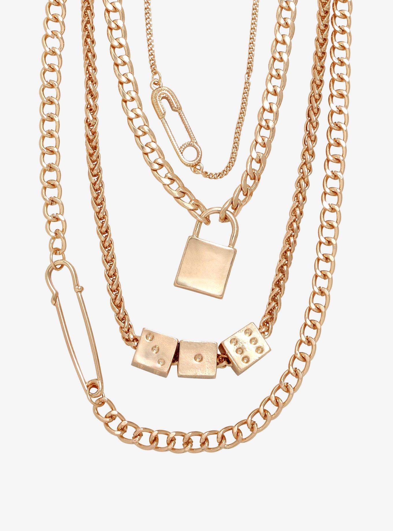 Gold Dice Safety Pin Padlock Chain Necklace Set, , hi-res