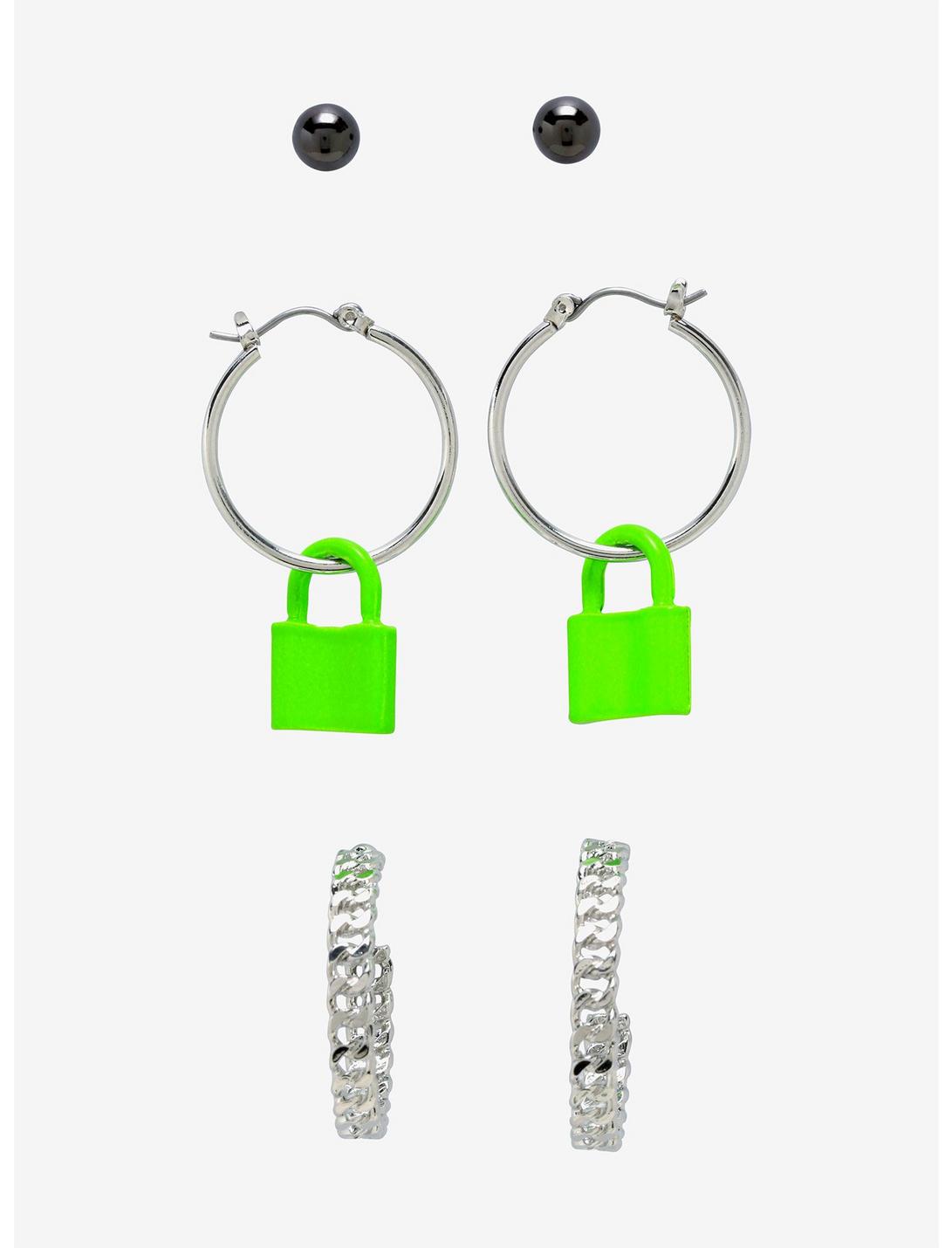 Lime Green Padlock Hoop Earring Set, , hi-res