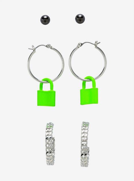 Lime Green Padlock Hoop Earring Set | Hot Topic