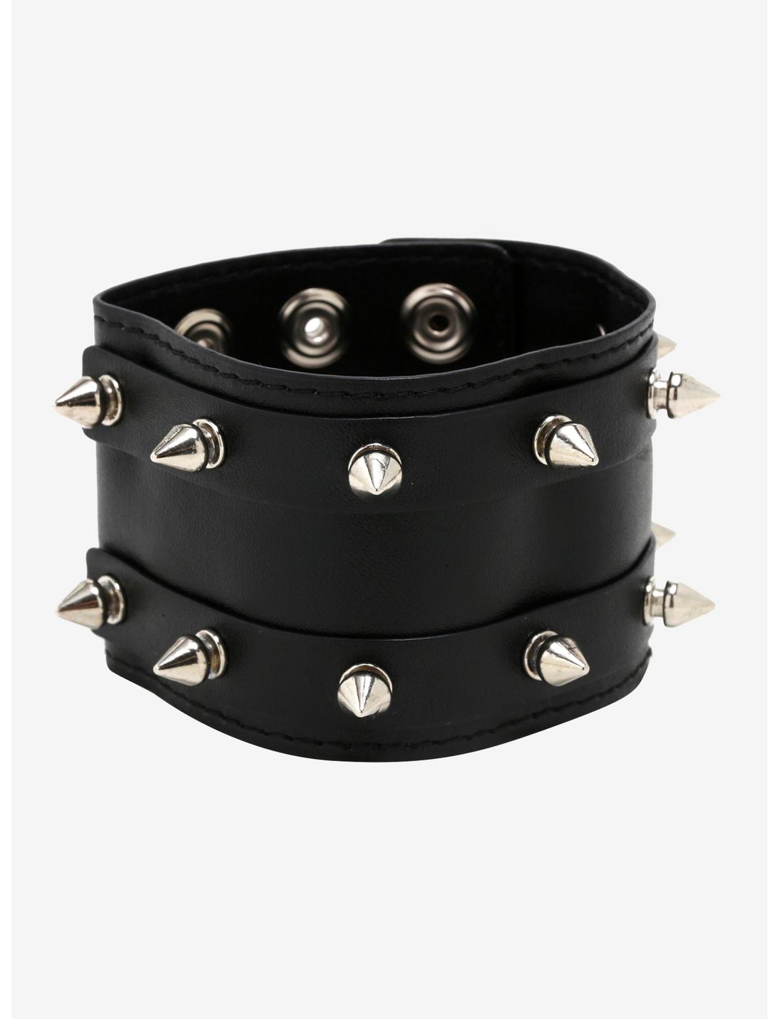 Double Row Spike Stud Faux Leather Cuff Bracelet, , hi-res