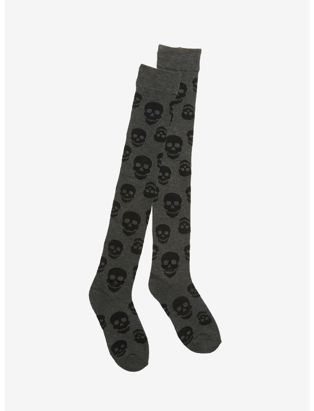 Grey & Black Skull Print Over-The-Knee Socks, , hi-res