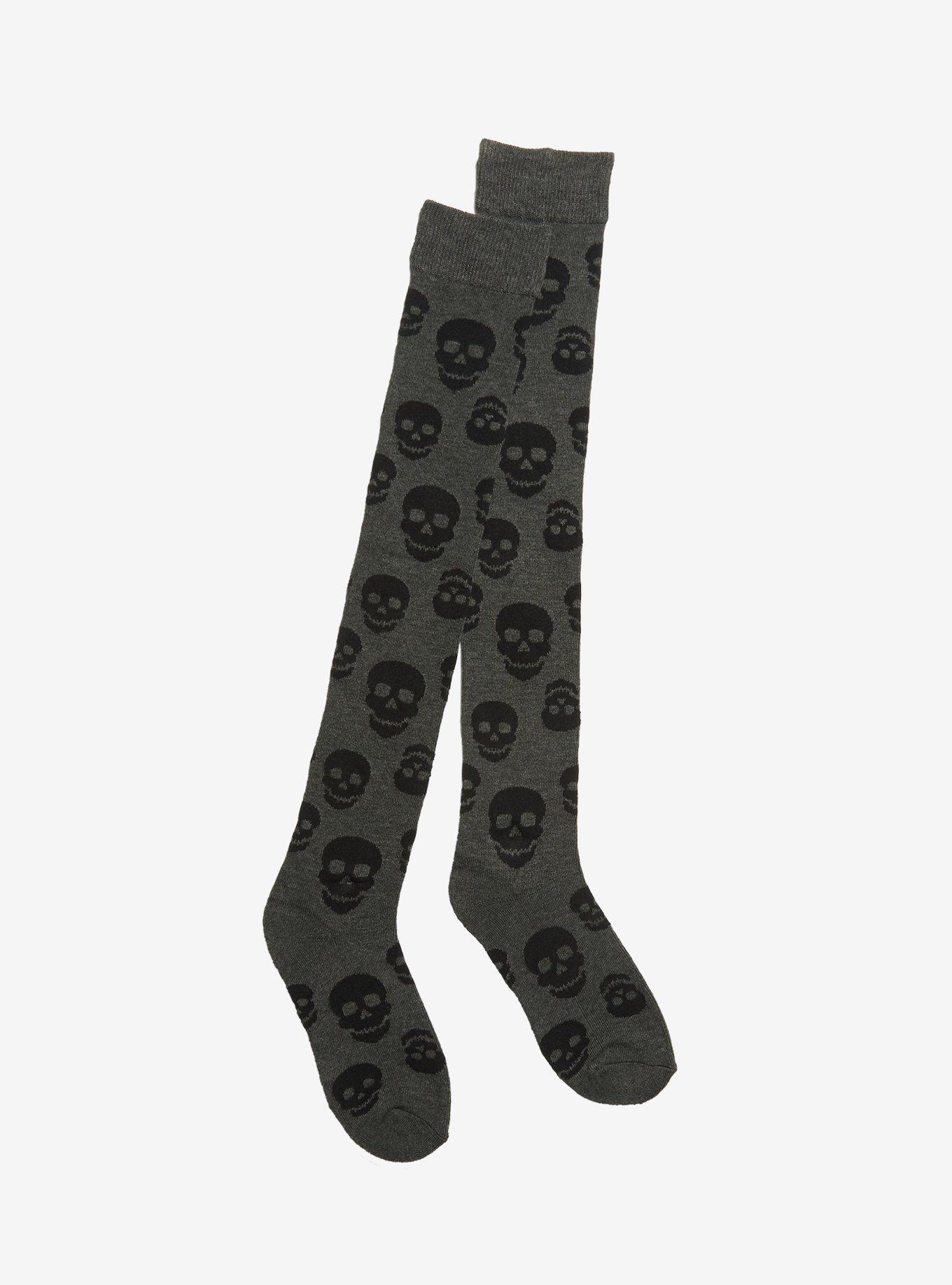 Grey & Black Skull Print Over-The-Knee Socks, , hi-res