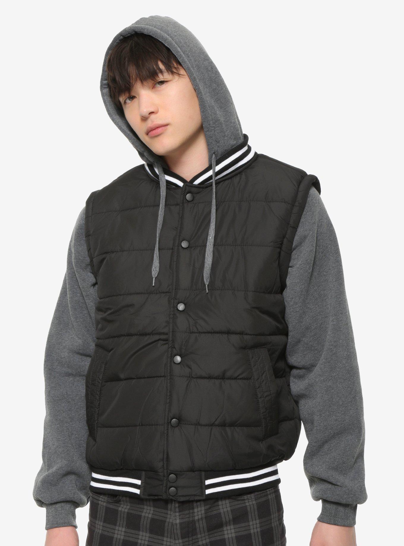 Grey & Black Hooded Puffer Jacket, BLACK, hi-res