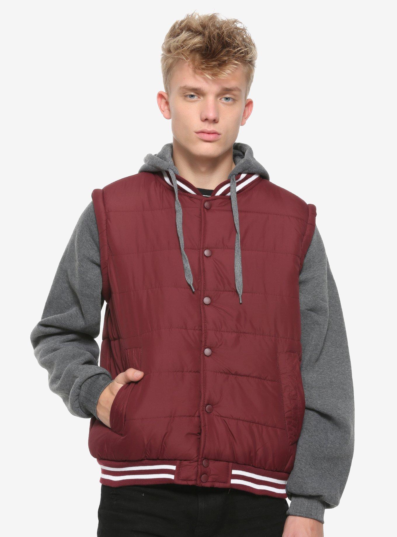 Burgundy & Grey Hooded Puffer Jacket, BURGUNDY, hi-res