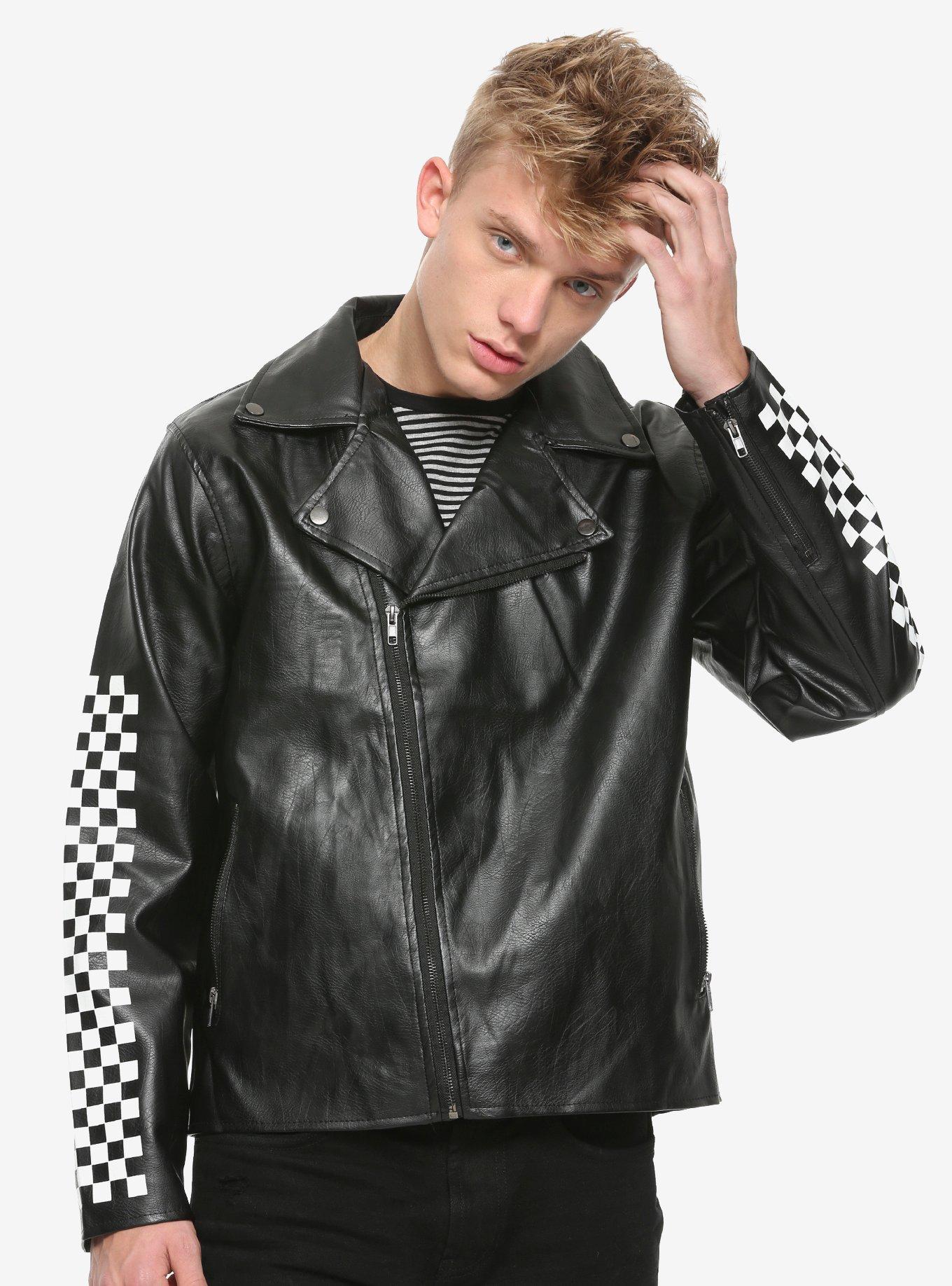 Black Checkered Faux Leather Moto Jacket, BLACK, hi-res