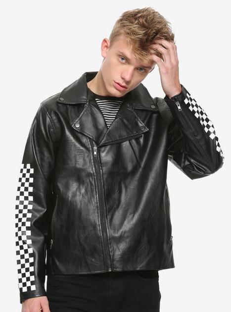 Black Checkered Faux Leather Moto Jacket | Hot Topic