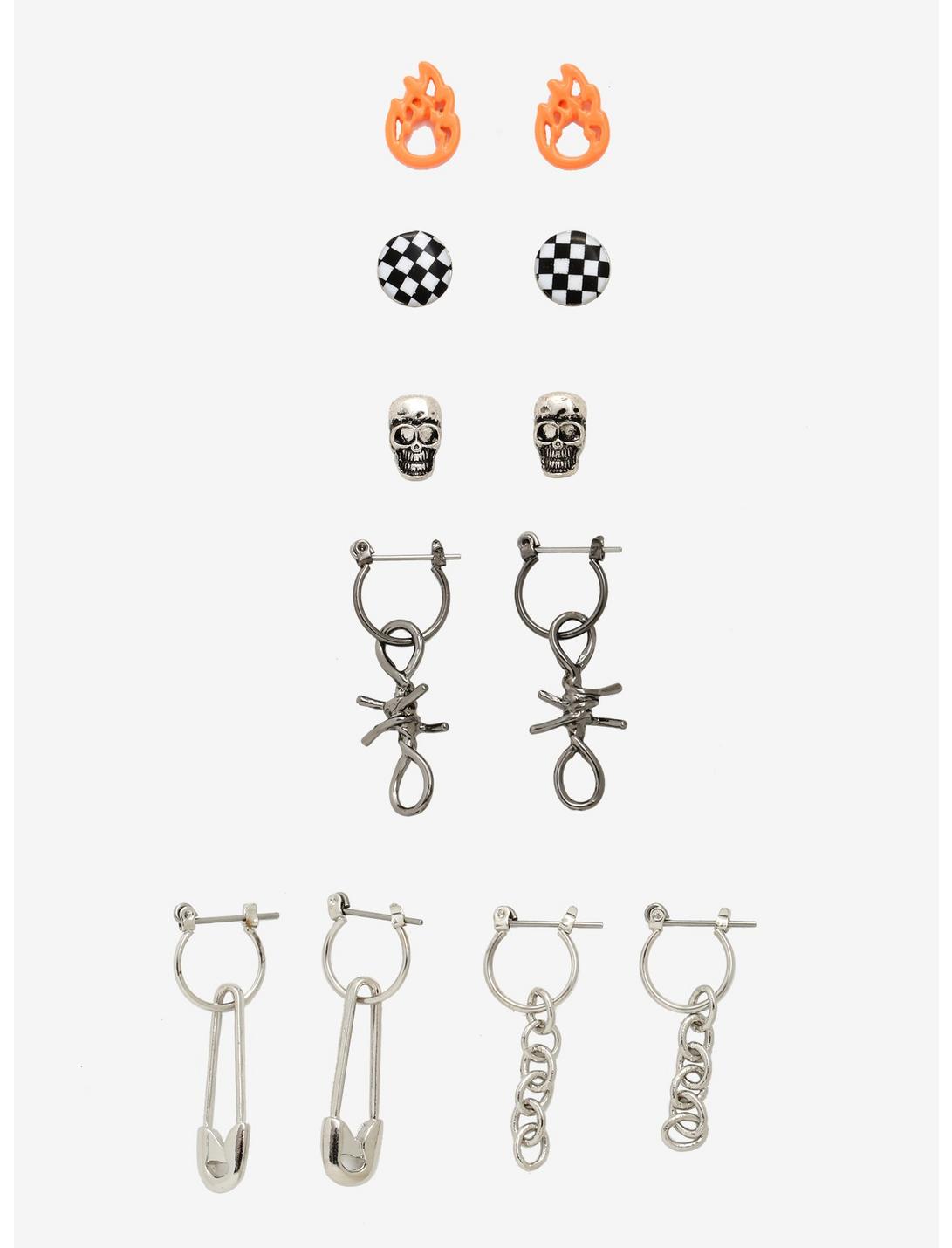 Flame Checkered Barbed Wire Chain Earring Set, , hi-res