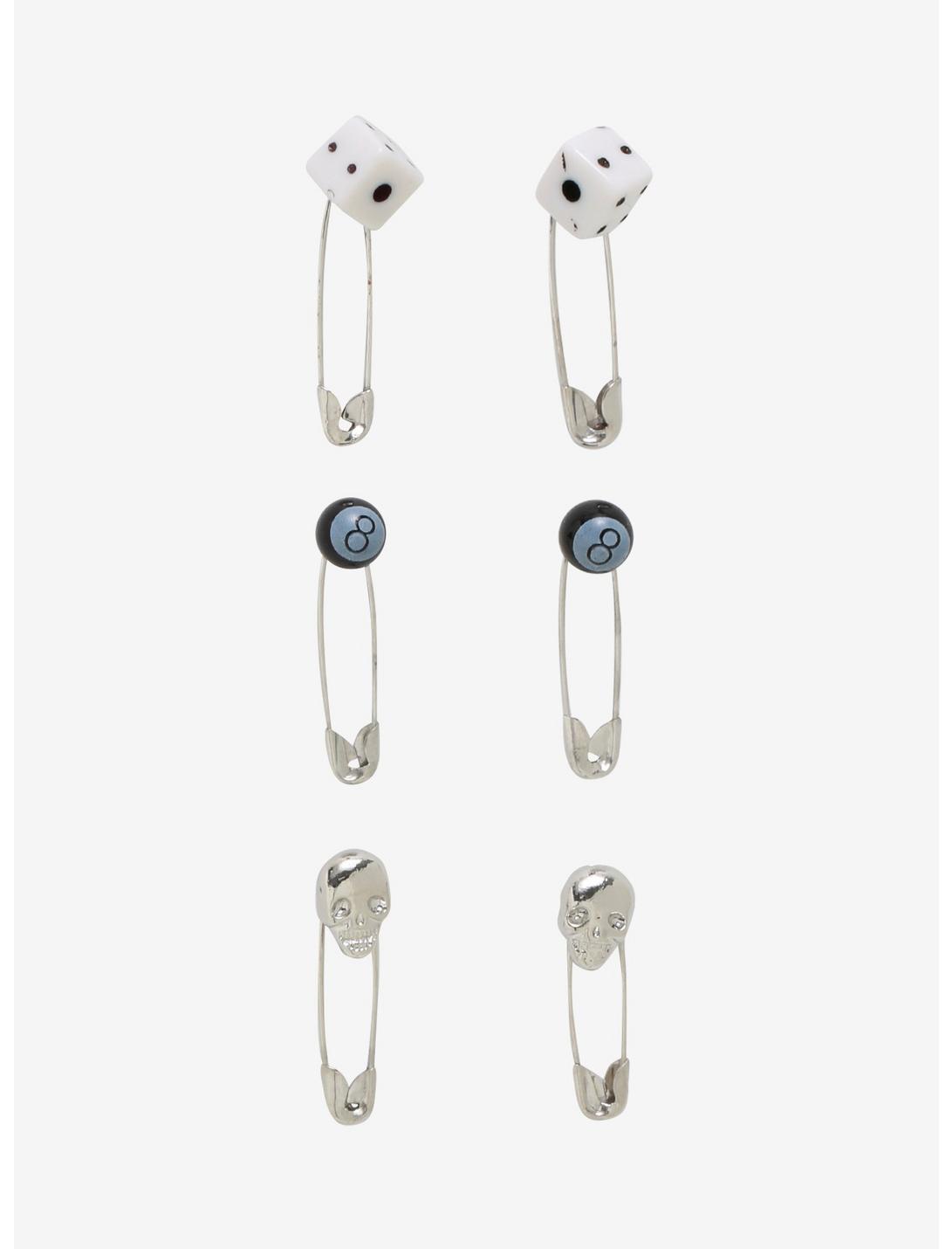 Dice 8 Balls & Skulls Safety Pin Earring Set, , hi-res