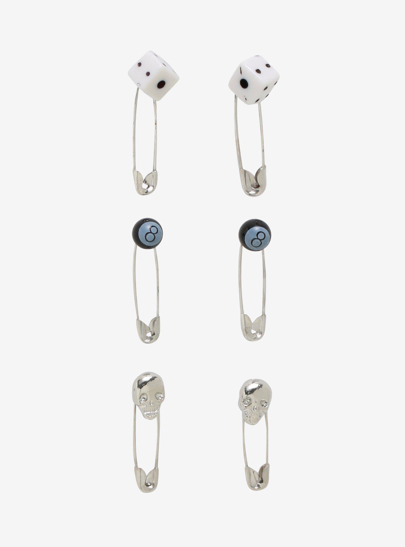 Dice 8 Balls & Skulls Safety Pin Earring Set, , hi-res