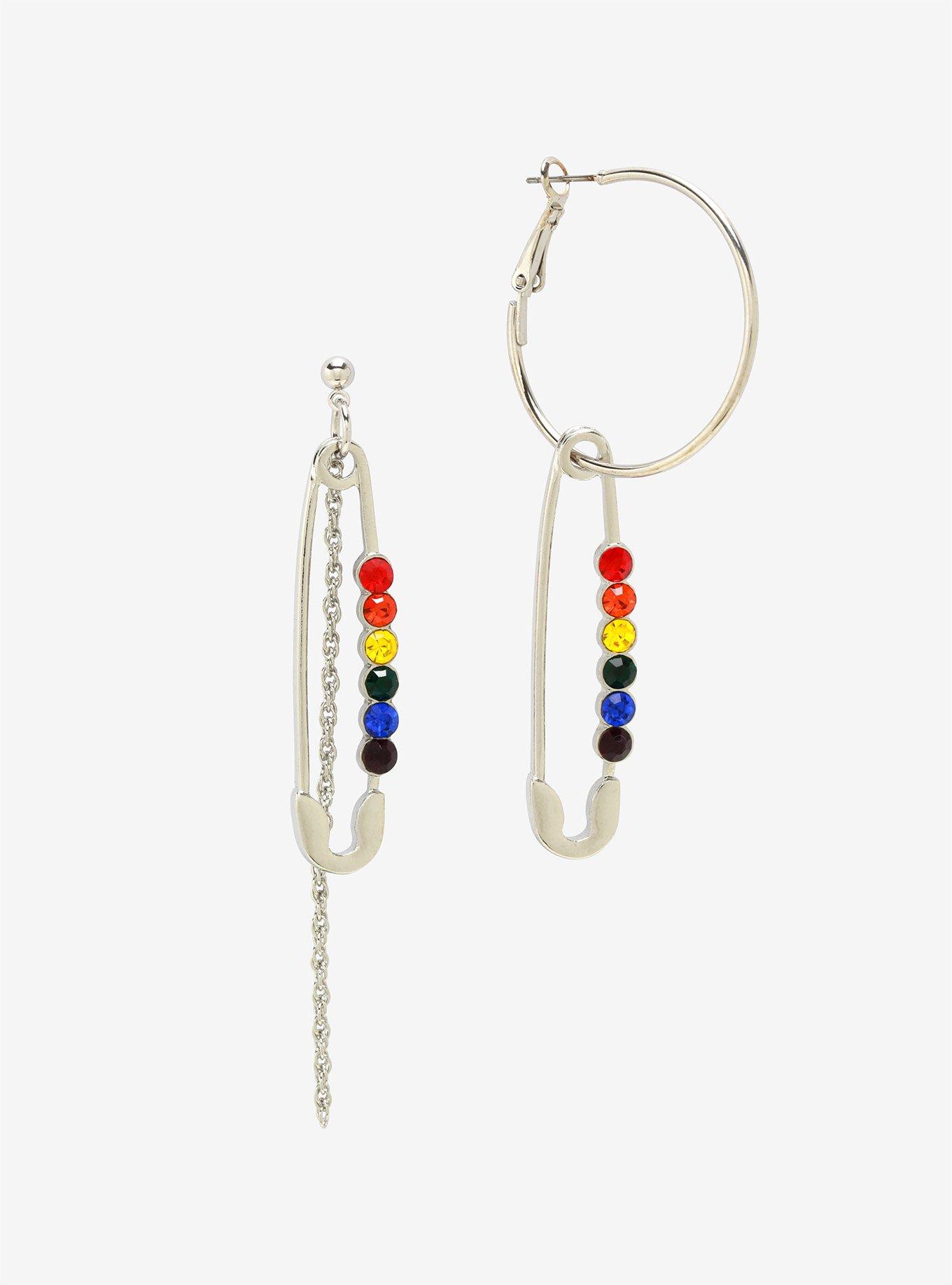 Rainbow CZ Safety Pin Mismatch Earrings, , hi-res