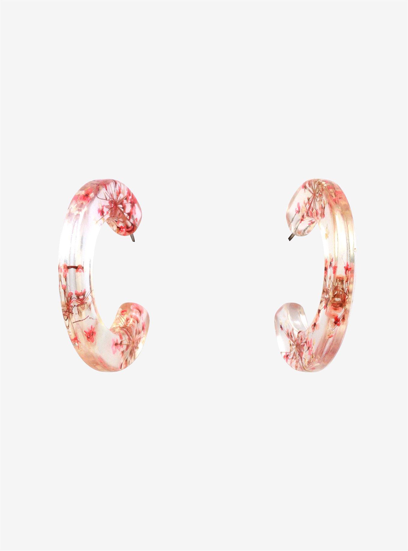Pink Dried Flower & Clear Hoop Earrings, , hi-res