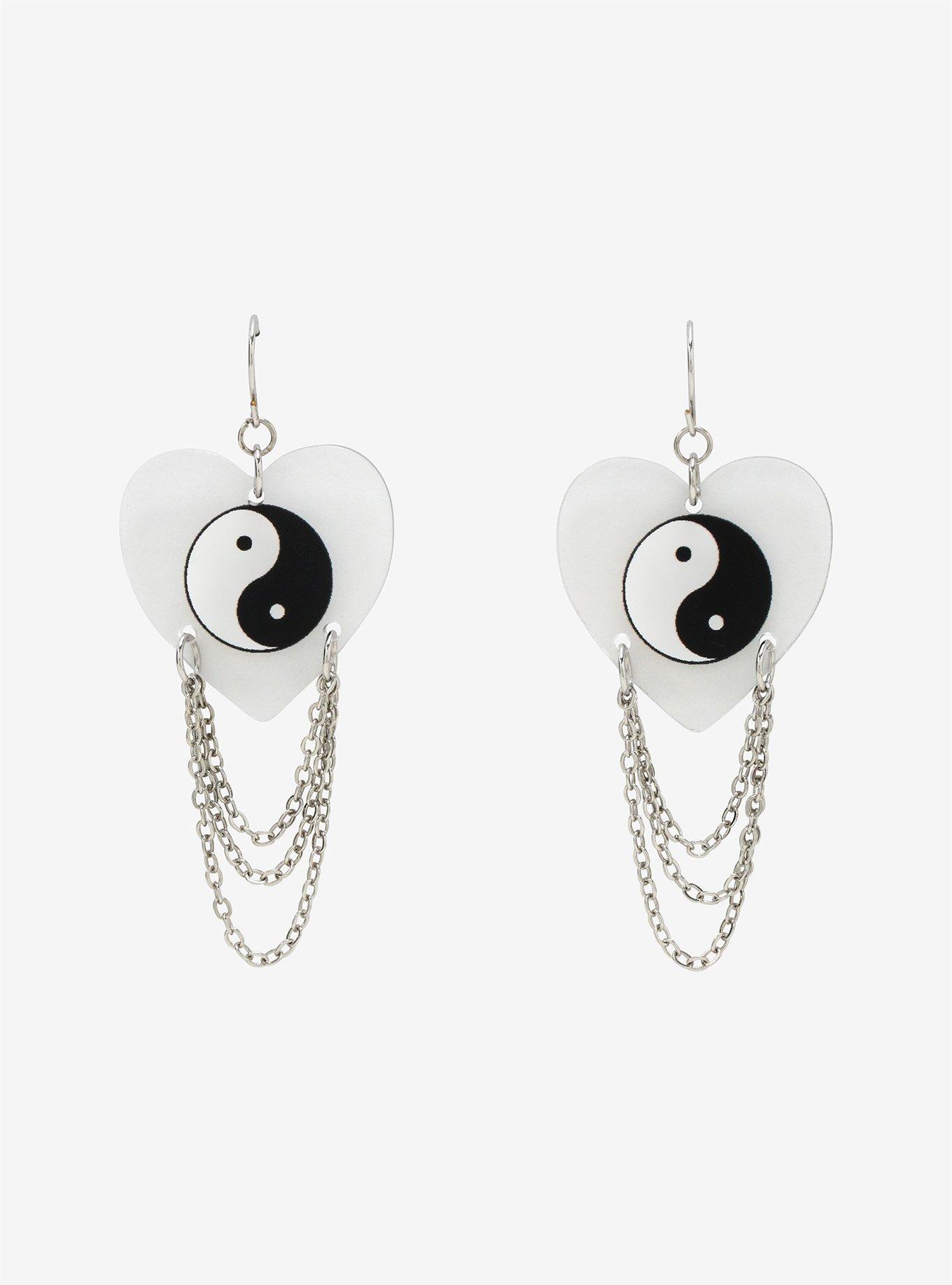 Yin-Yang Heart Chain Dangle Earrings, , hi-res