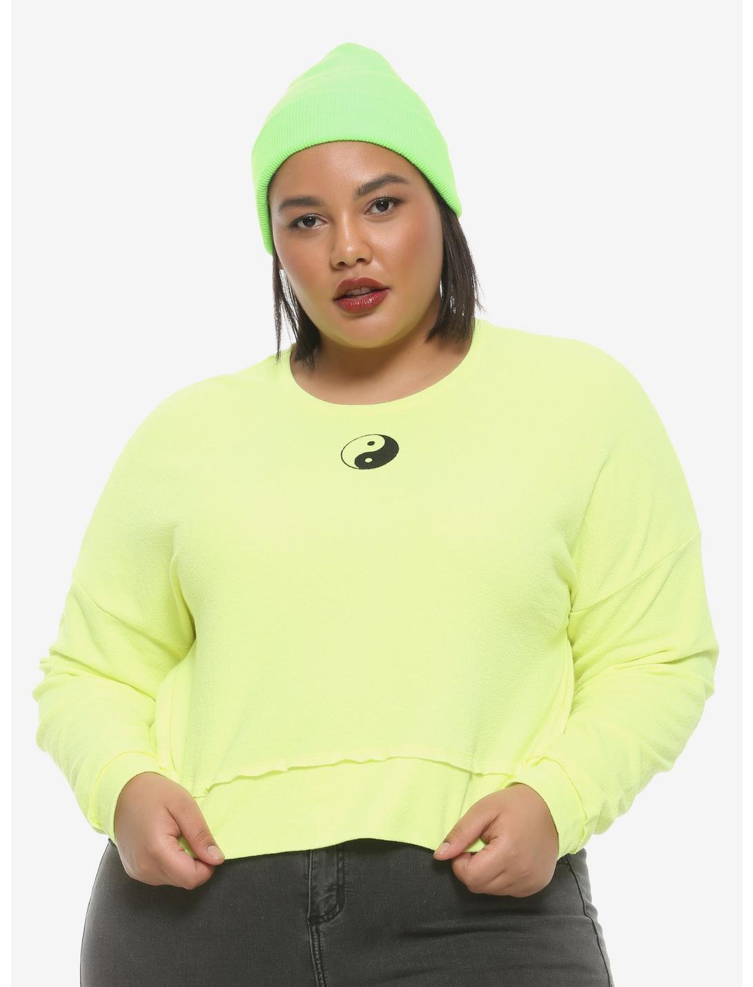 Neon Yellow Yin-Yang Girls Crop Sweatshirt Plus Size, CHARTREUSE, hi-res
