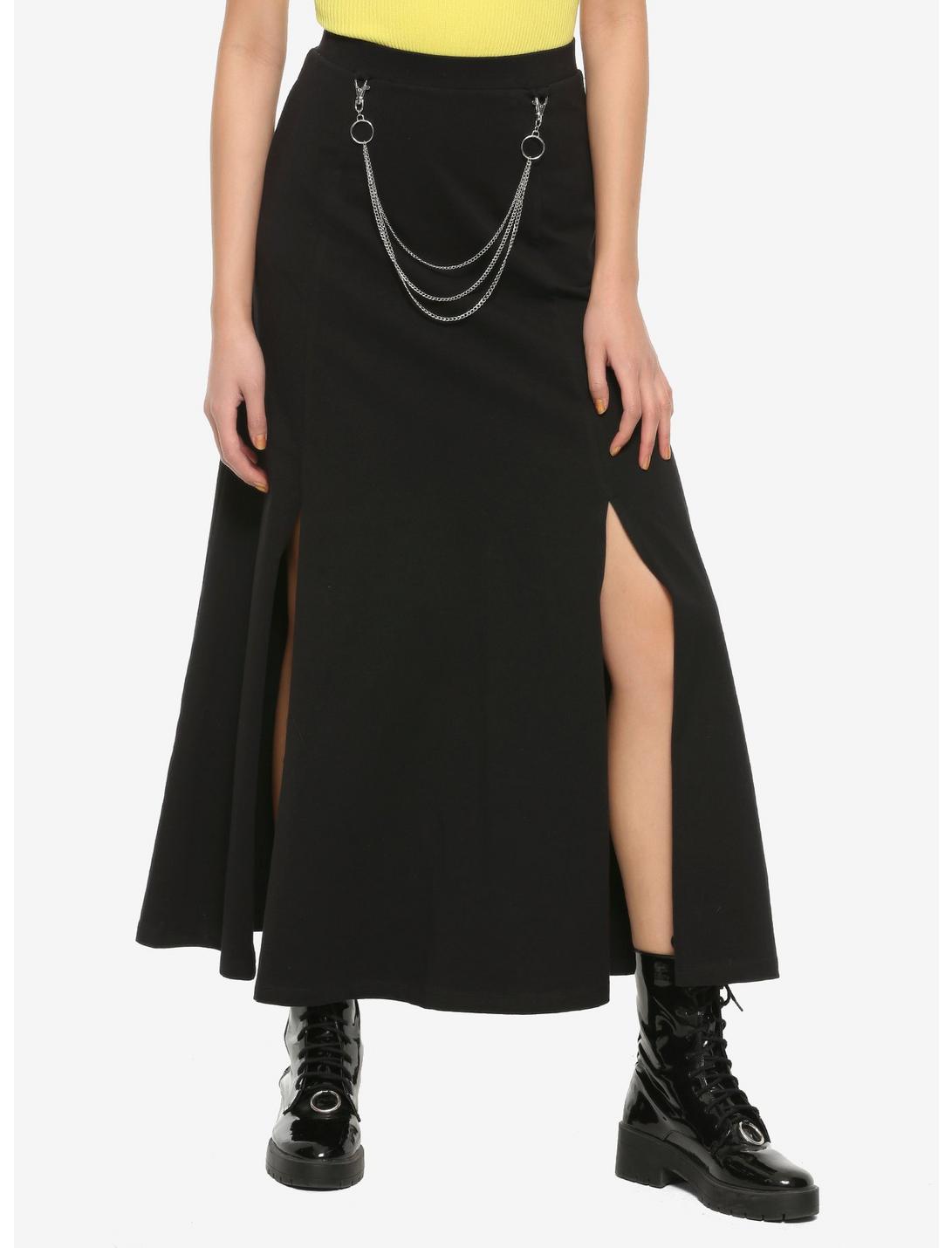 Chain & Double Slits Black Maxi Skirt, BLACK, hi-res