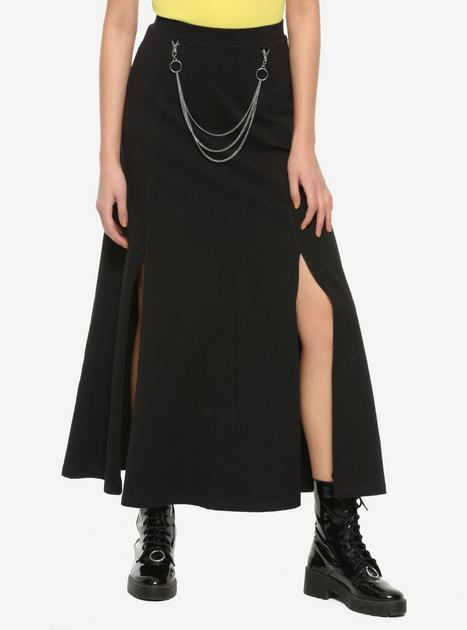 Chain & Double Slits Black Maxi Skirt | Hot Topic