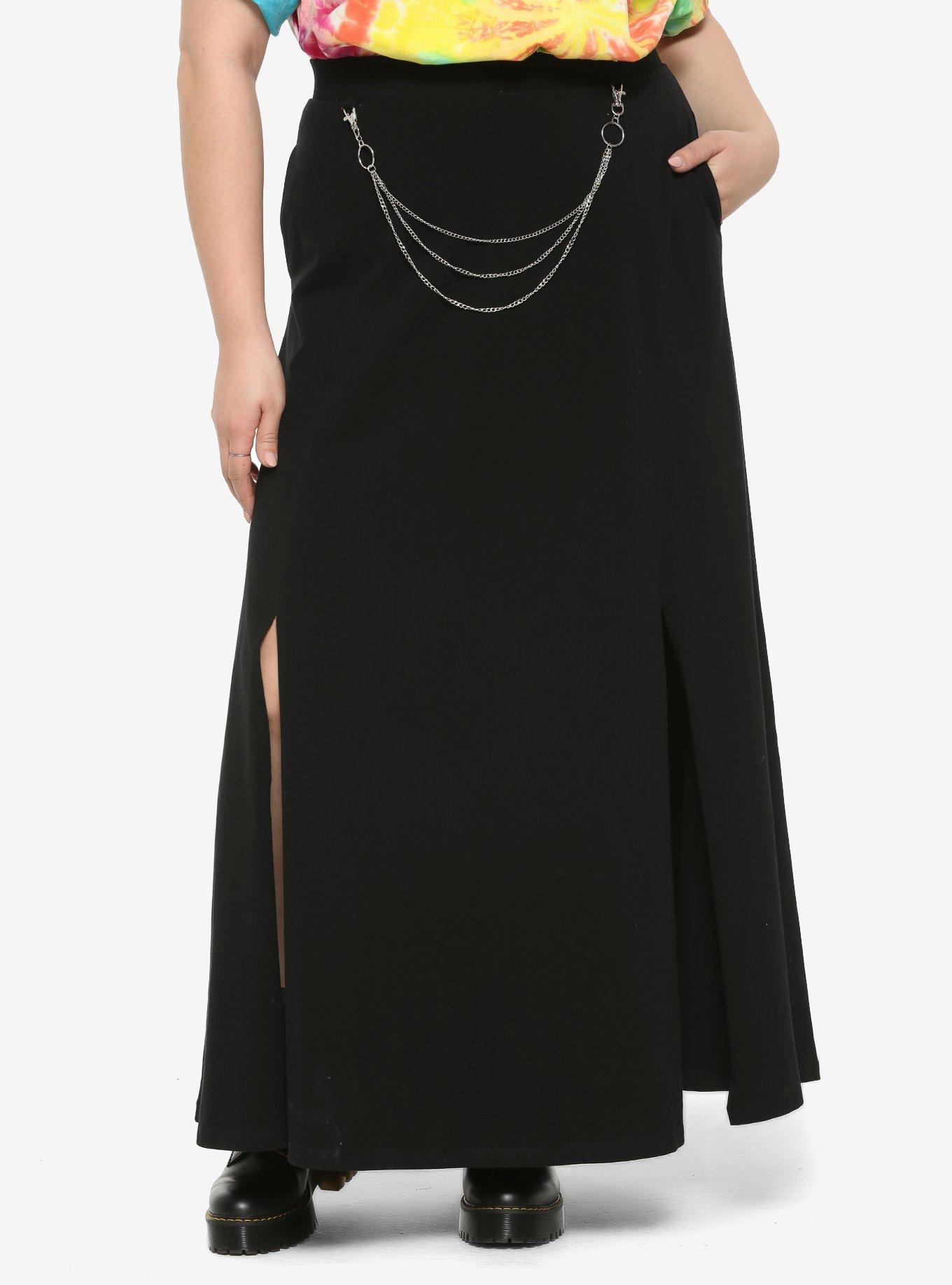 Chain & Double Slits Black Maxi Skirt Plus Size, BLACK, hi-res