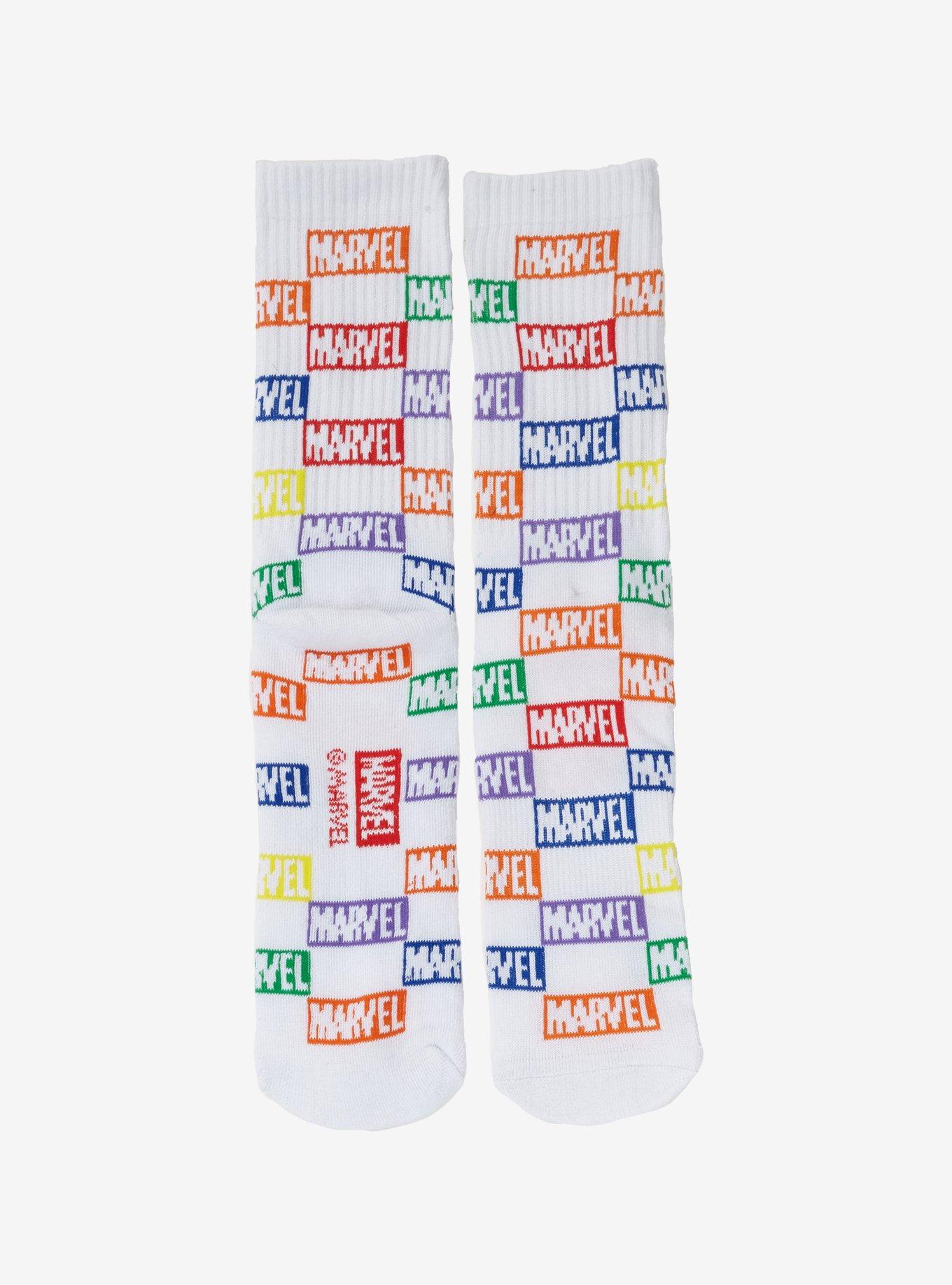 Marvel Logo Rainbow Checkered Crew Socks - BoxLunch Exclusive, , hi-res