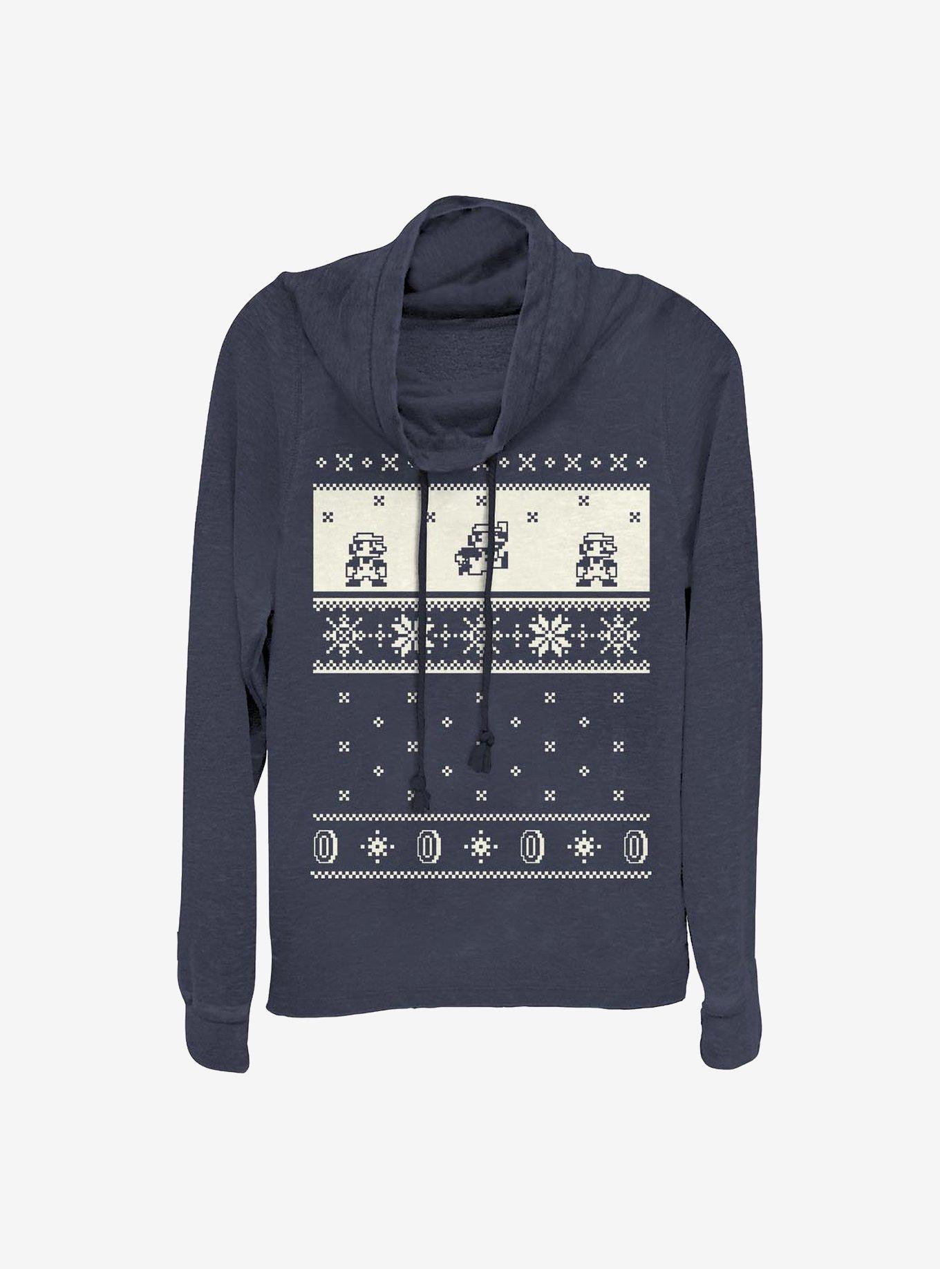 Super Mario Cream Christmas Pattern Cowl Neck Long-Sleeve Girls Top, NAVY, hi-res