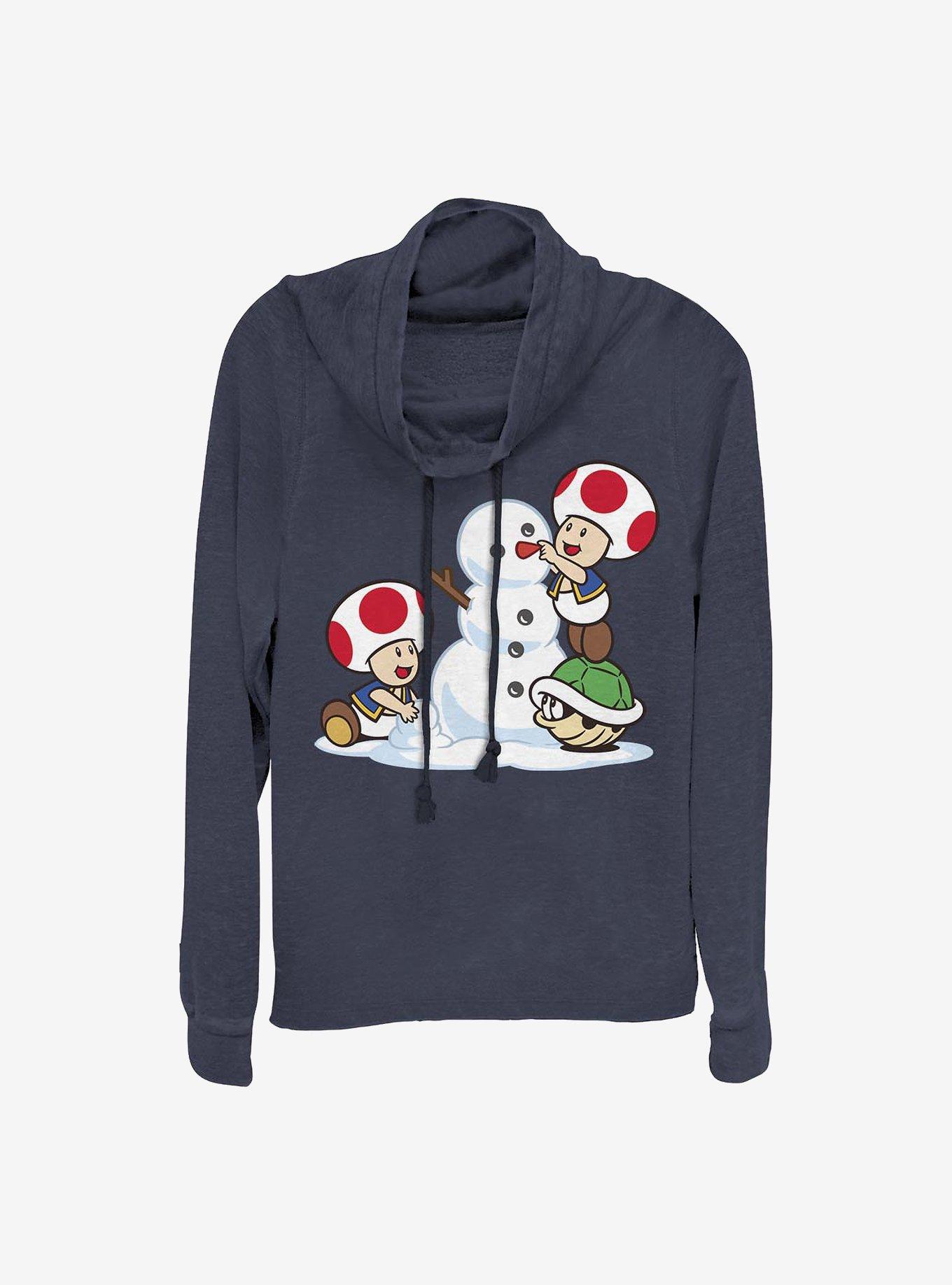 Super Mario Frosty Toad Holiday Cowl Neck Long-Sleeve Girls Top, NAVY, hi-res