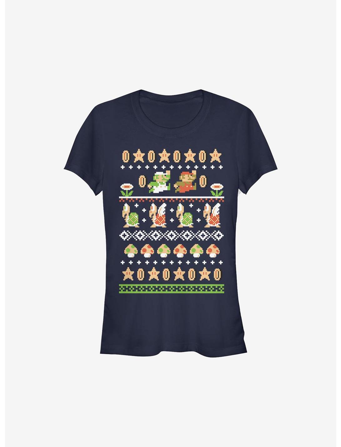 Super Mario Nordic Pattern Holiday Girls T-Shirt, NAVY, hi-res
