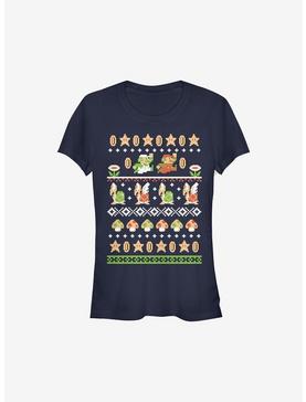 Super Mario Nordic Pattern Holiday Girls T-Shirt, NAVY, hi-res