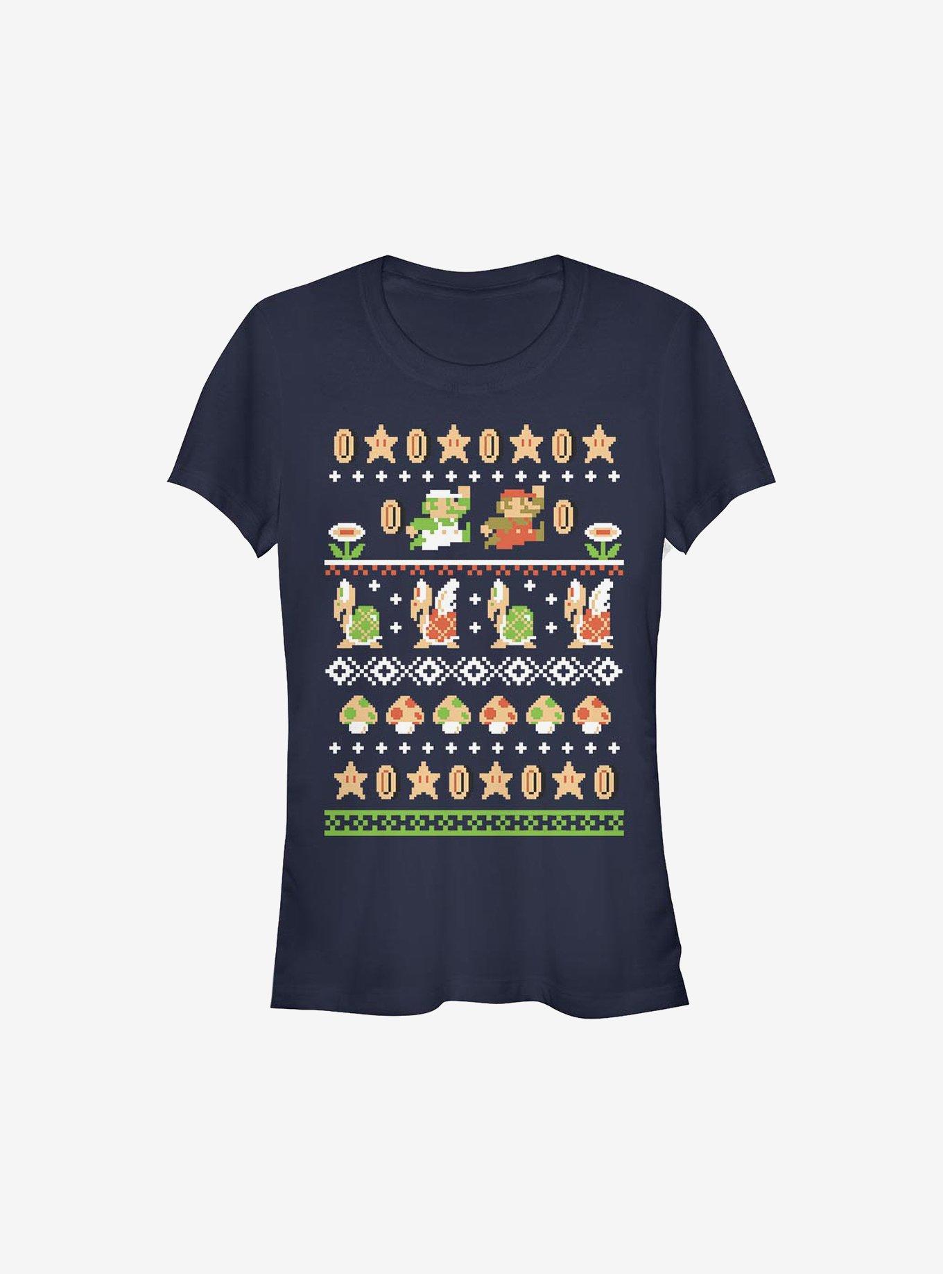 Super Mario Nordic Pattern Holiday Girls T-Shirt, NAVY, hi-res