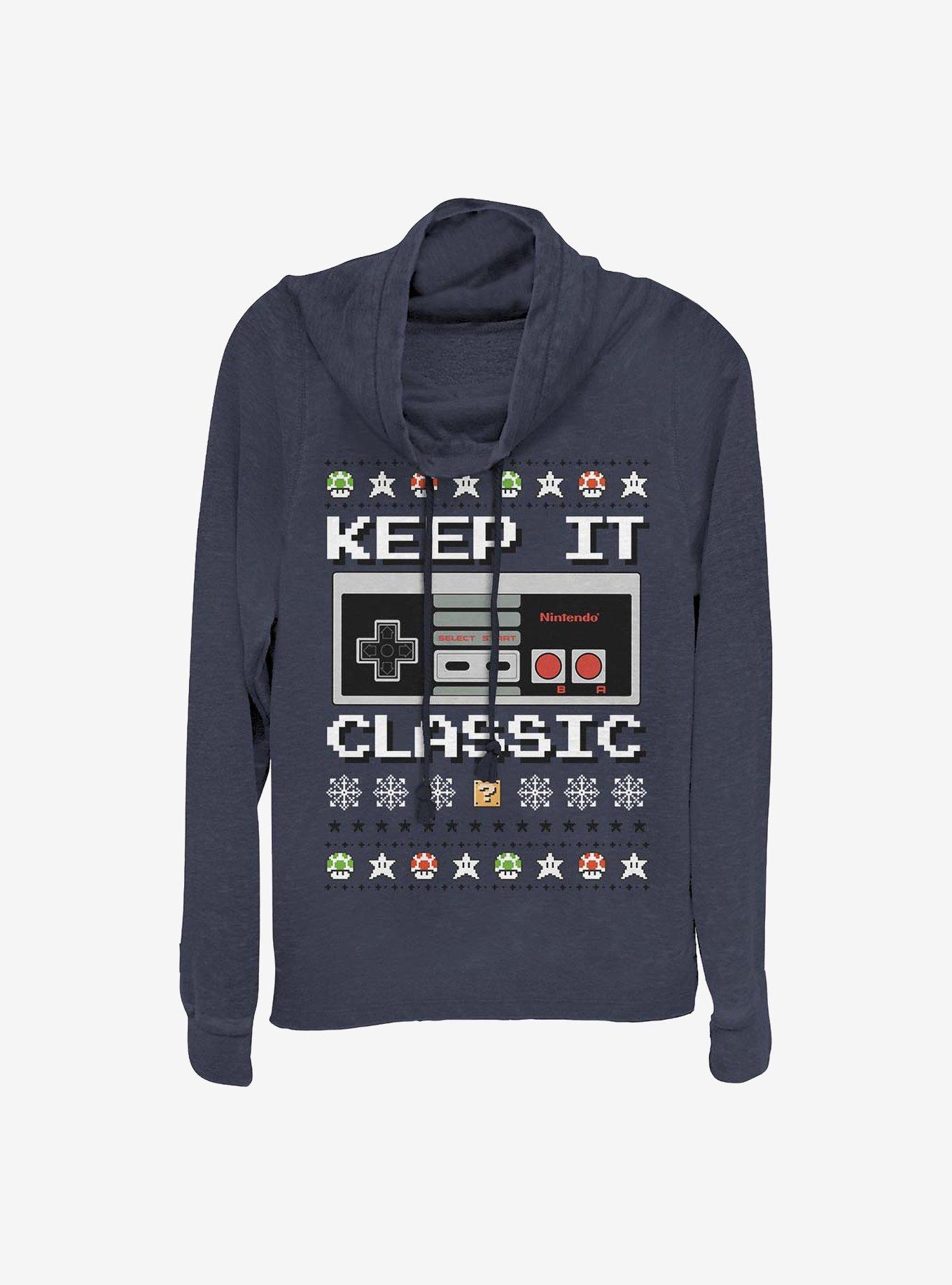 Super Mario Keep It Classic Controller Christmas Cowl Neck Long-Sleeve Girls Top, NAVY, hi-res