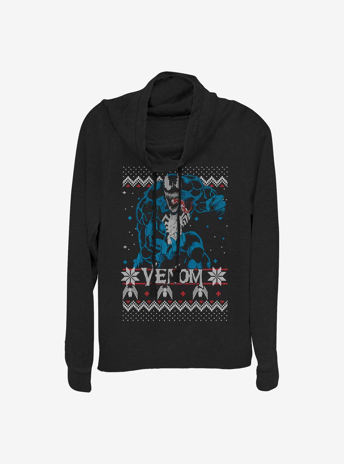 Marvel Venom Ugly Christmas Sweater Cowl Neck Long-Sleeve Girls Top, BLACK, hi-res